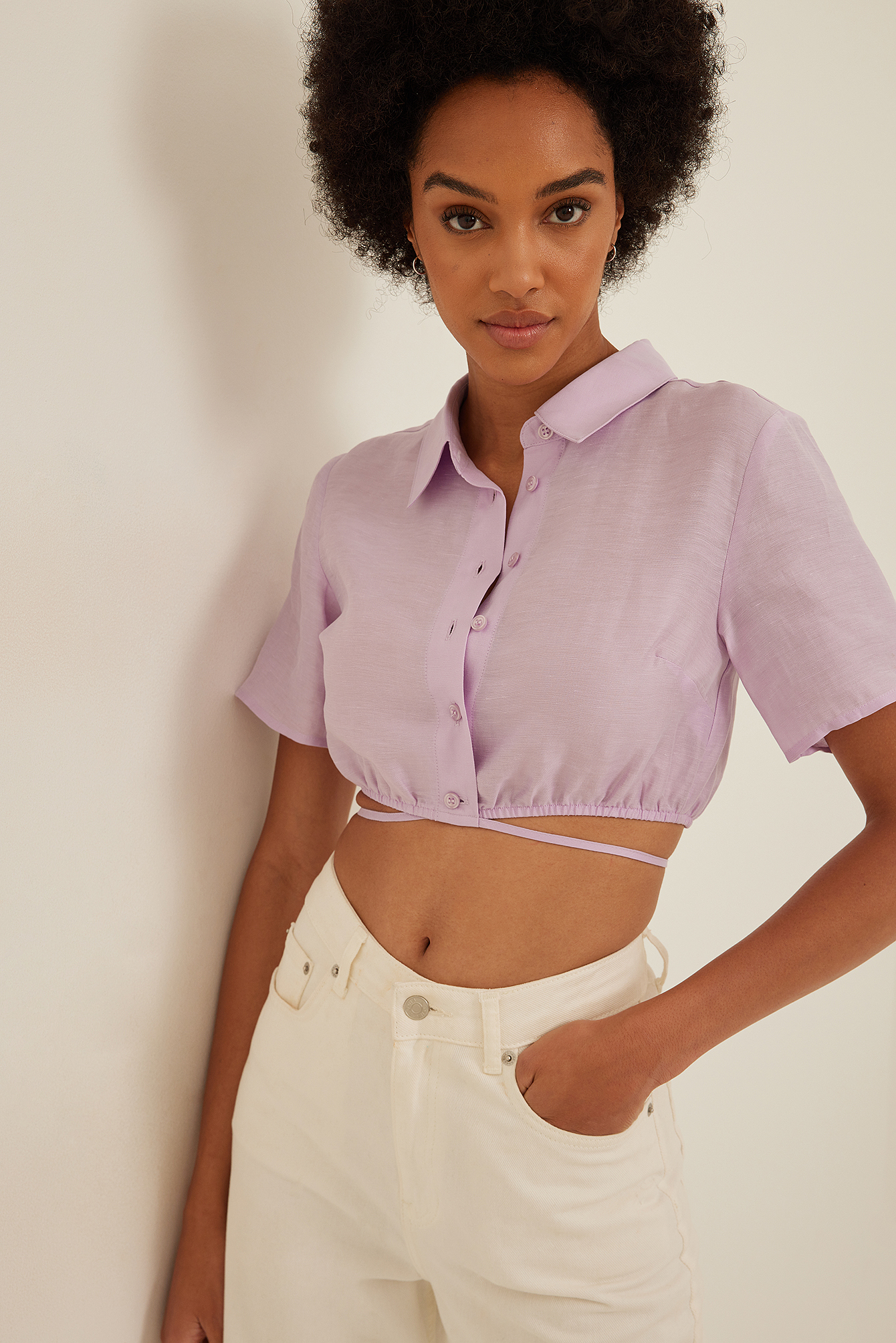 Short Sleeve Linen Blend Shirt Purple