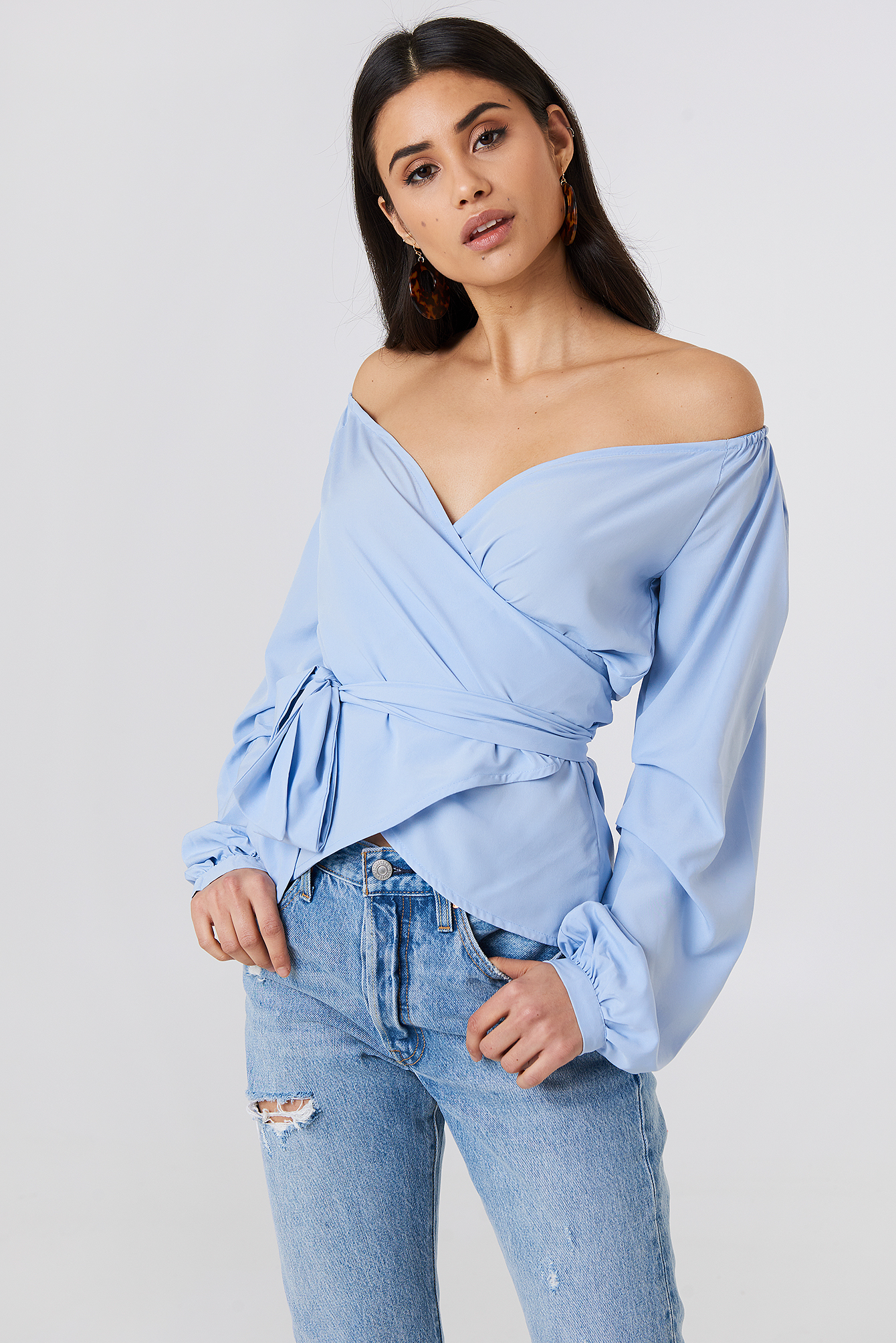 Slip Shoulder Tie Waist Shirt Blue | NA-KD