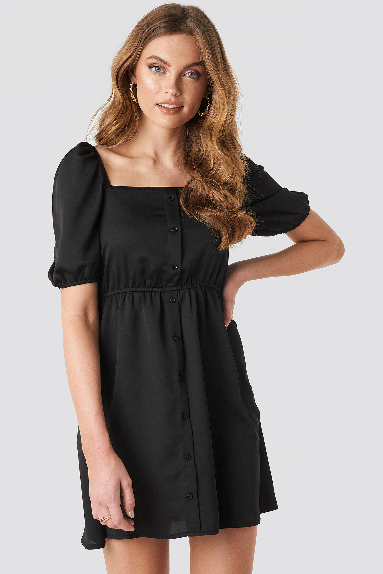 Square Neck Buttoned Mini Dress Black | NA-KD