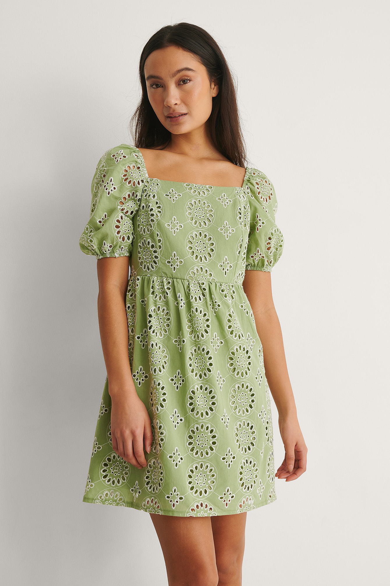 Trendyol Square Neck Embroided Dress - Green