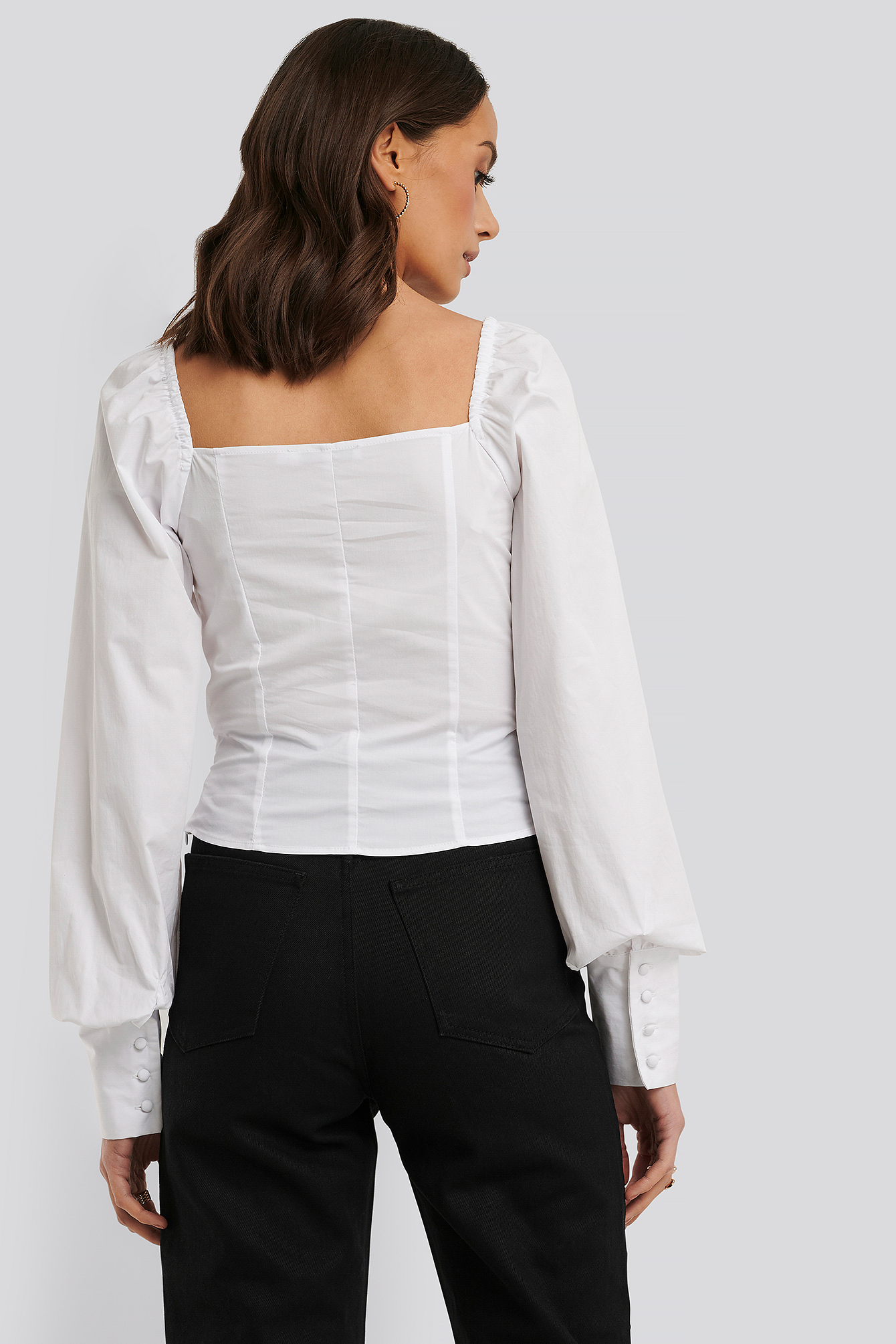 JanQ - Short-Sleeve Square Neck Dotted Blouse