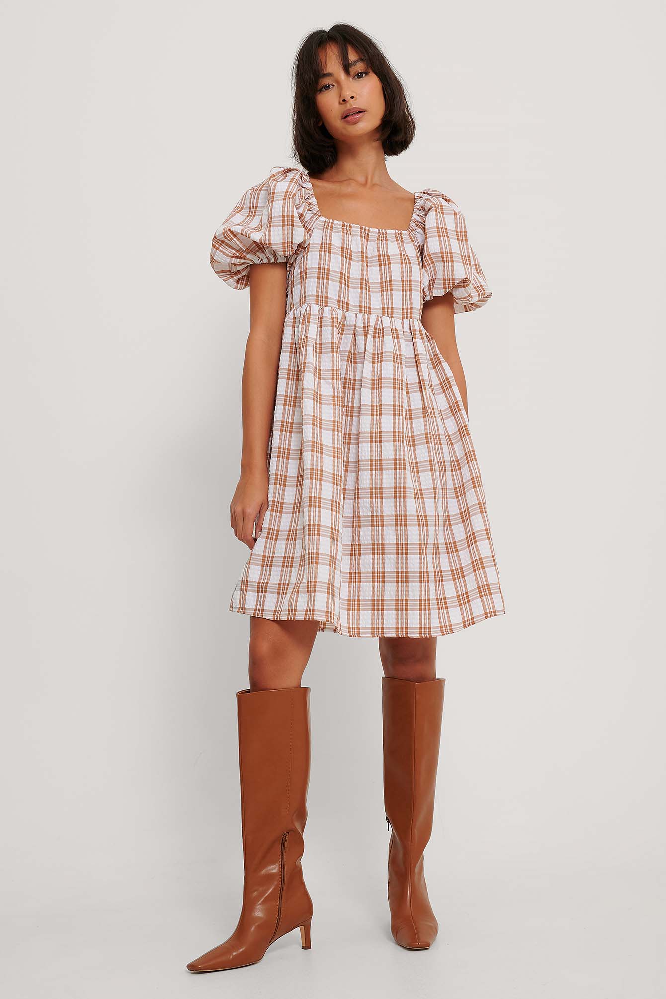 checkered square neck dress