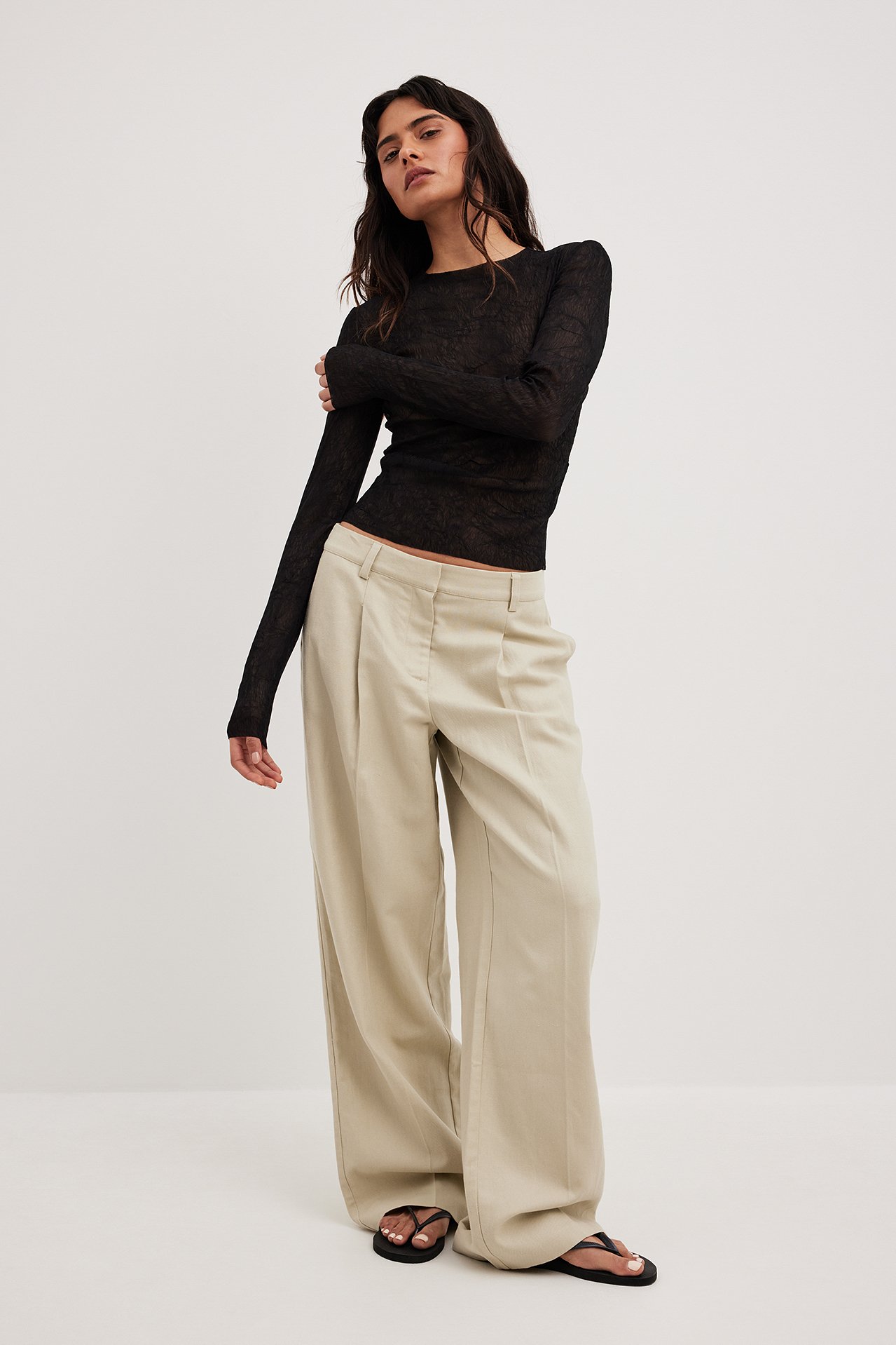 Straight Mid Waist Trousers Beige | NA-KD