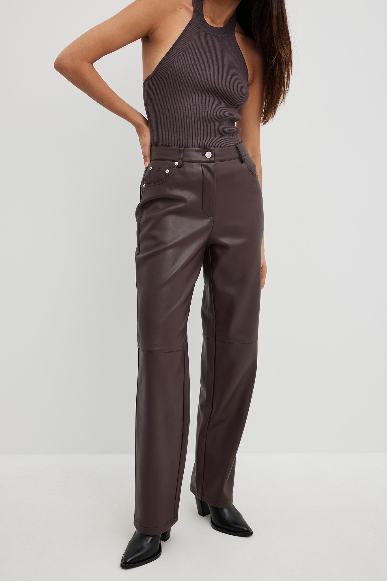 Clothing  Trousers  Inaya Dark Brown Stretch Vegan Leather Trousers