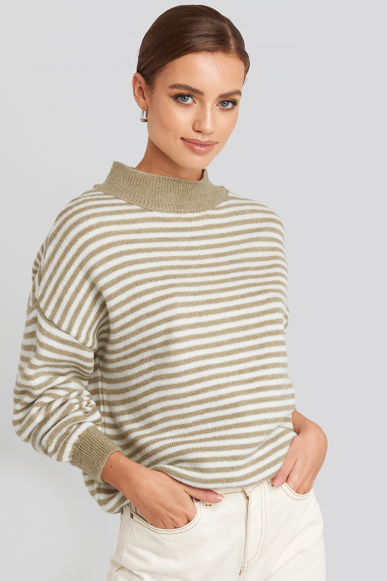 Striped Balloon Sleeve Knitted Sweater Beige Na Kd