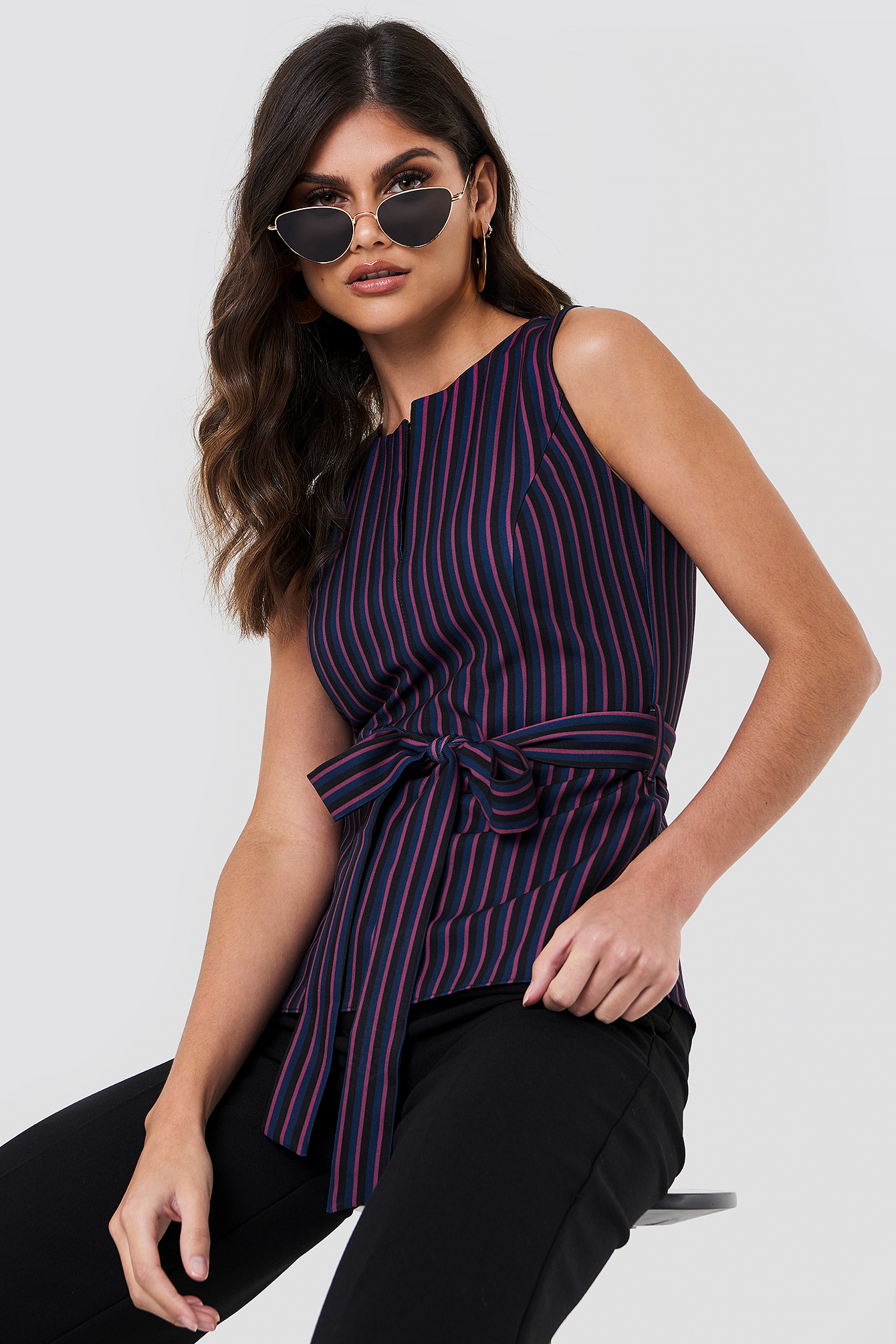 striped slit collar top - black, multicolor in black,multicolor