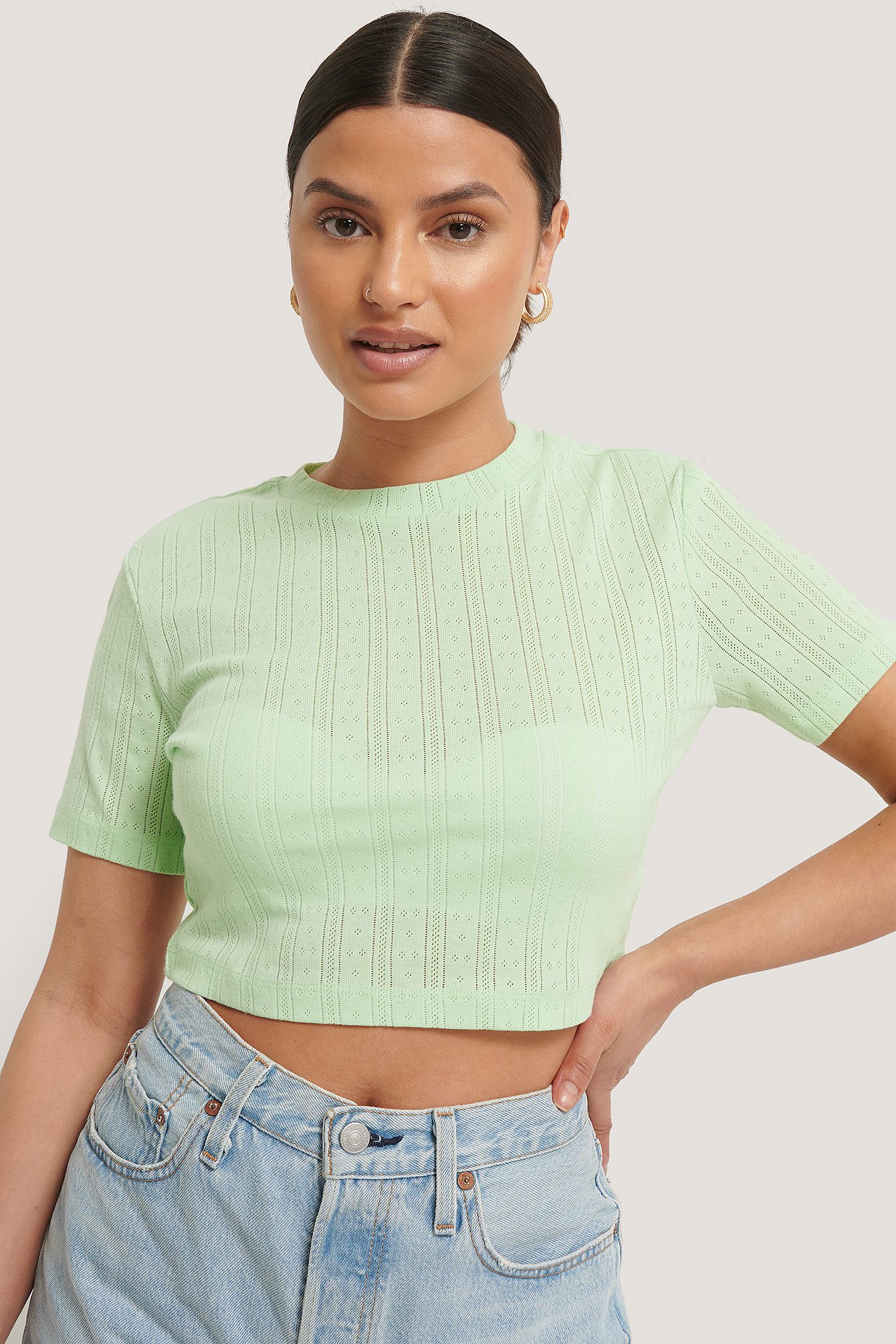 Structured Cropped Ribbed Tee Green | NA-KD