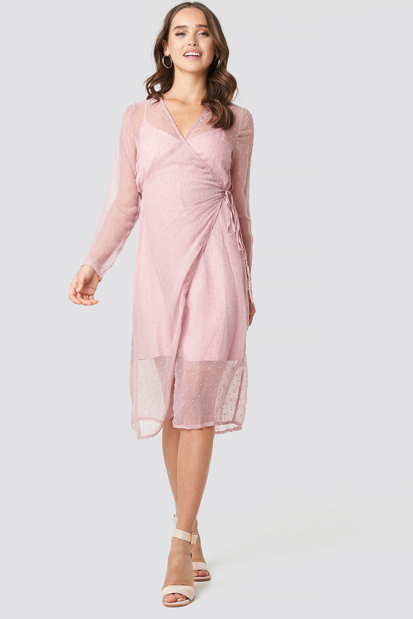 Swiss Dot Wrap Dress Pink | na-kd.com