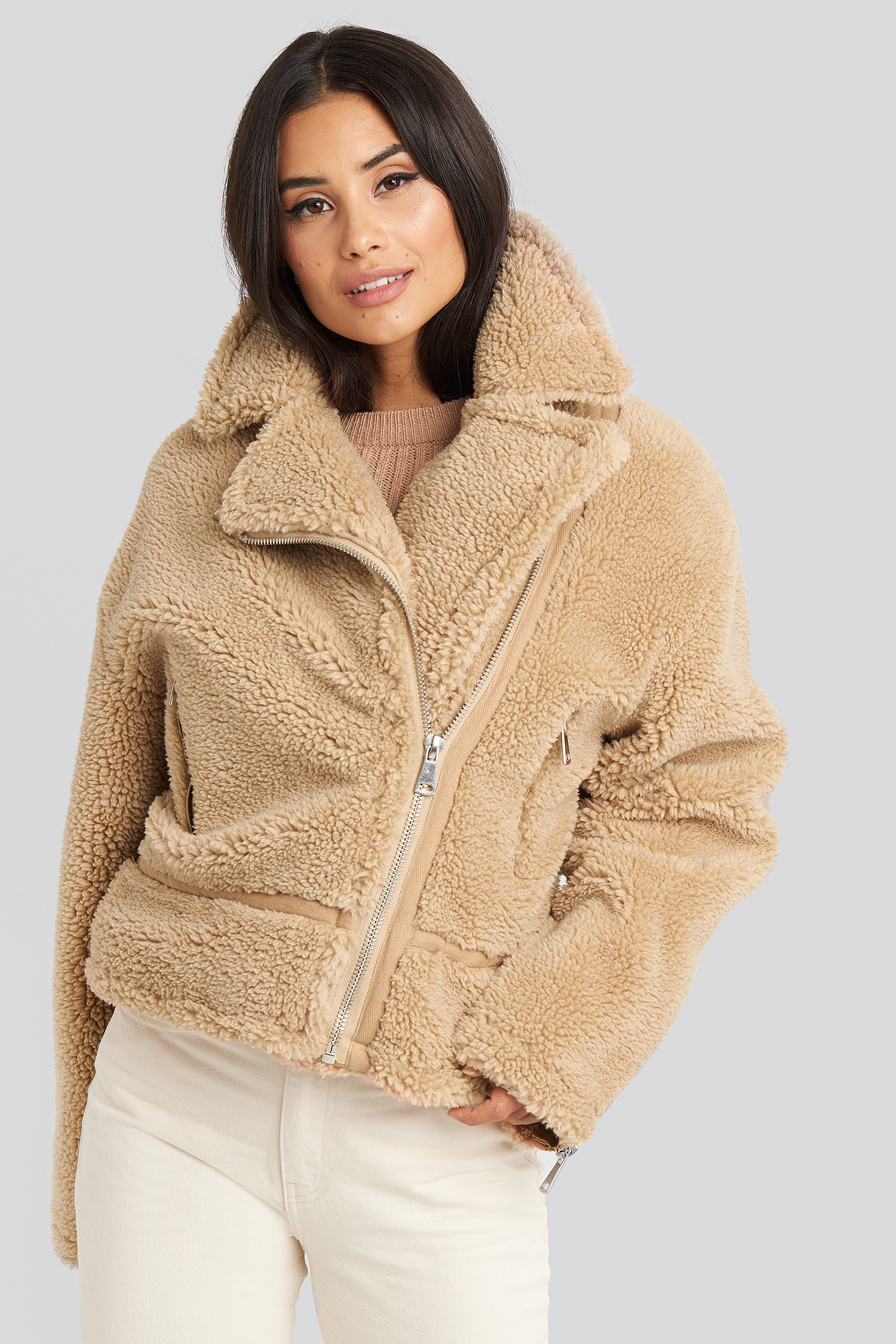 Teddy Biker Jacket Beige | na-kd.com