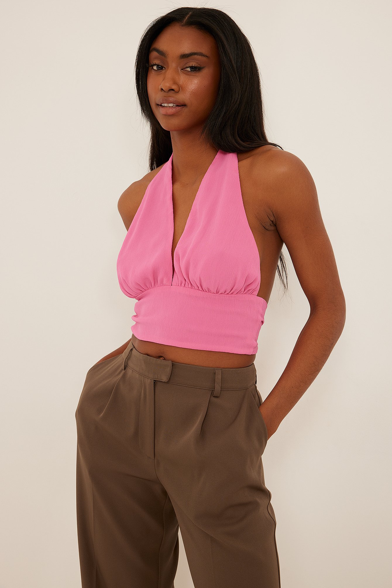 Lace Up Halter Neck Crop Top And Ruched Leggings Set - Pink – Dolls Kill