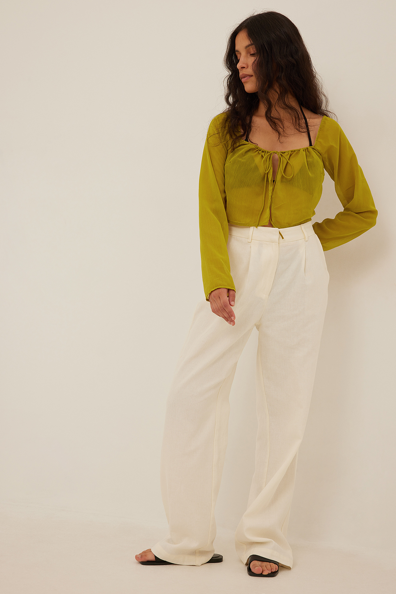 Tie Front Chiffon LS Blouse Green
