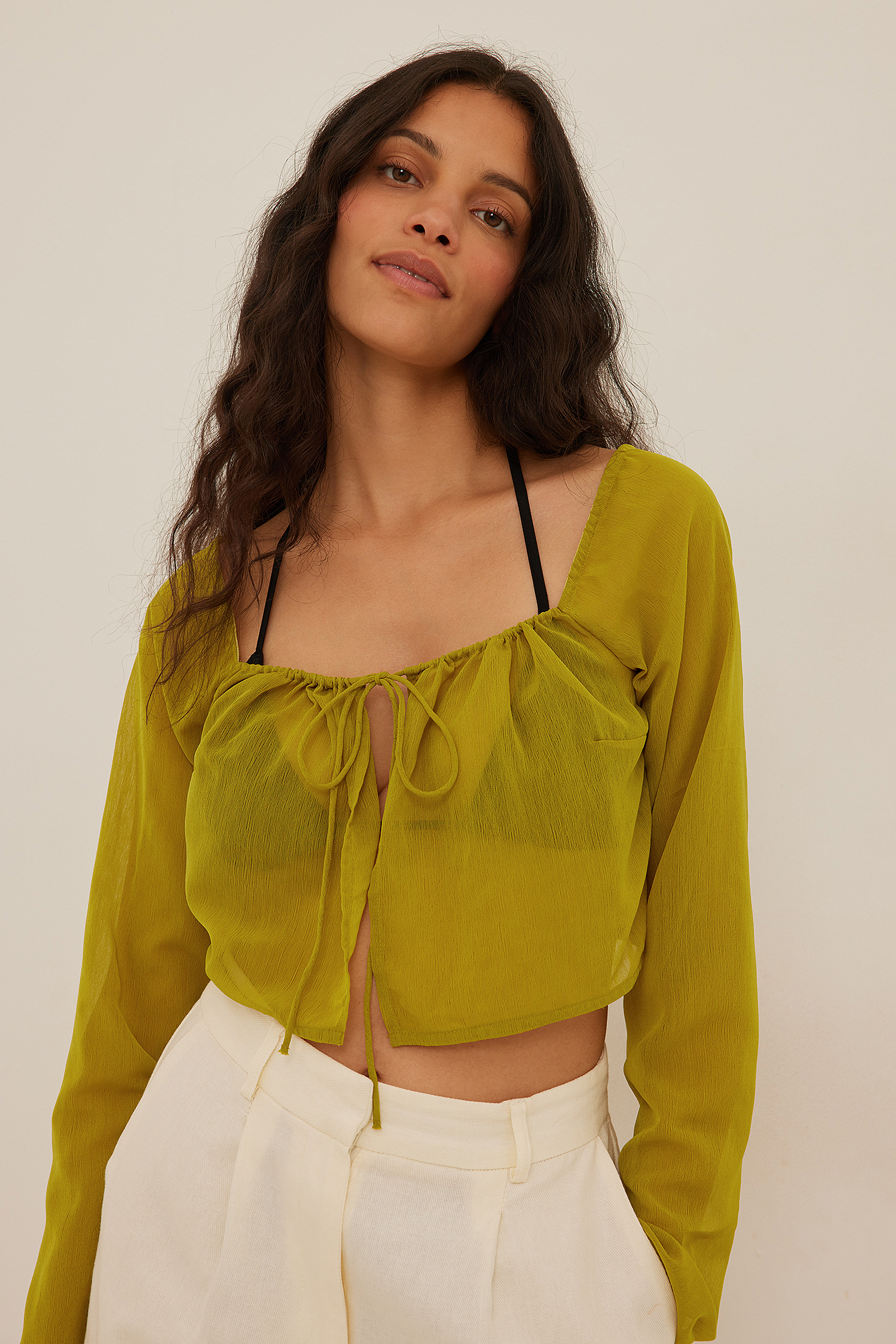 Tie Front Chiffon LS Blouse Green