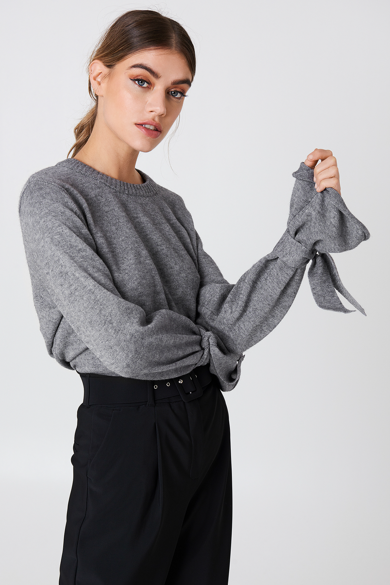 Tied Sleeve Knitted Sweater Grey | NA-KD