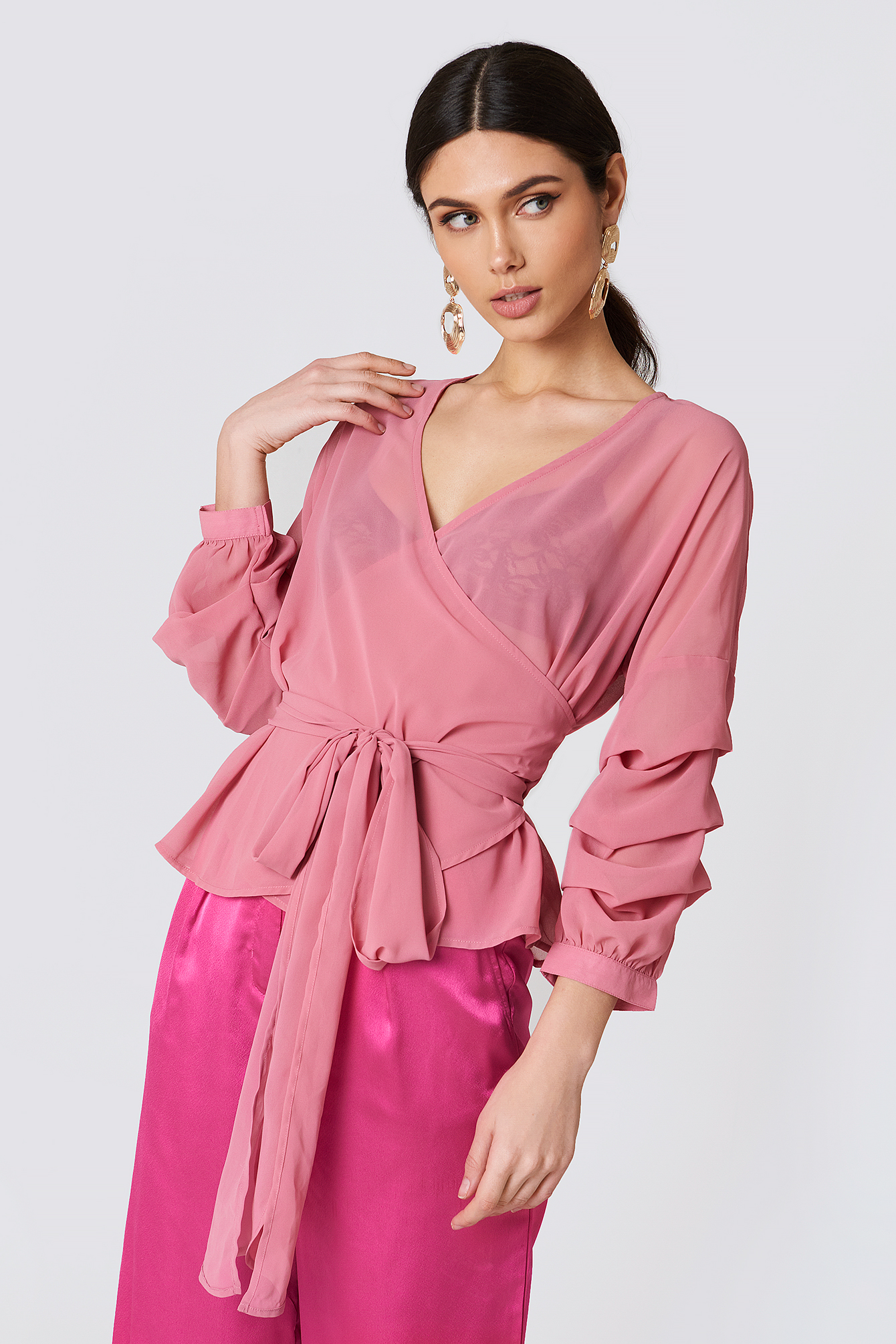 Tied Waist Gathered Sleeve Blouse Pink | NA-KD