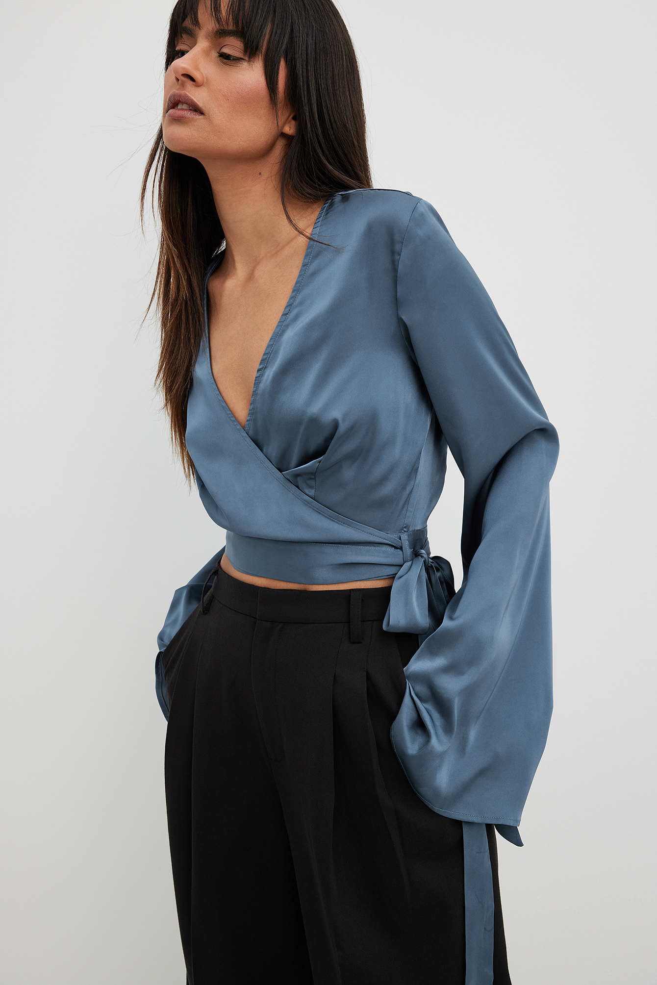 Trumpet Sleeve Wrap Front Satin Blouse Blue | NA-KD