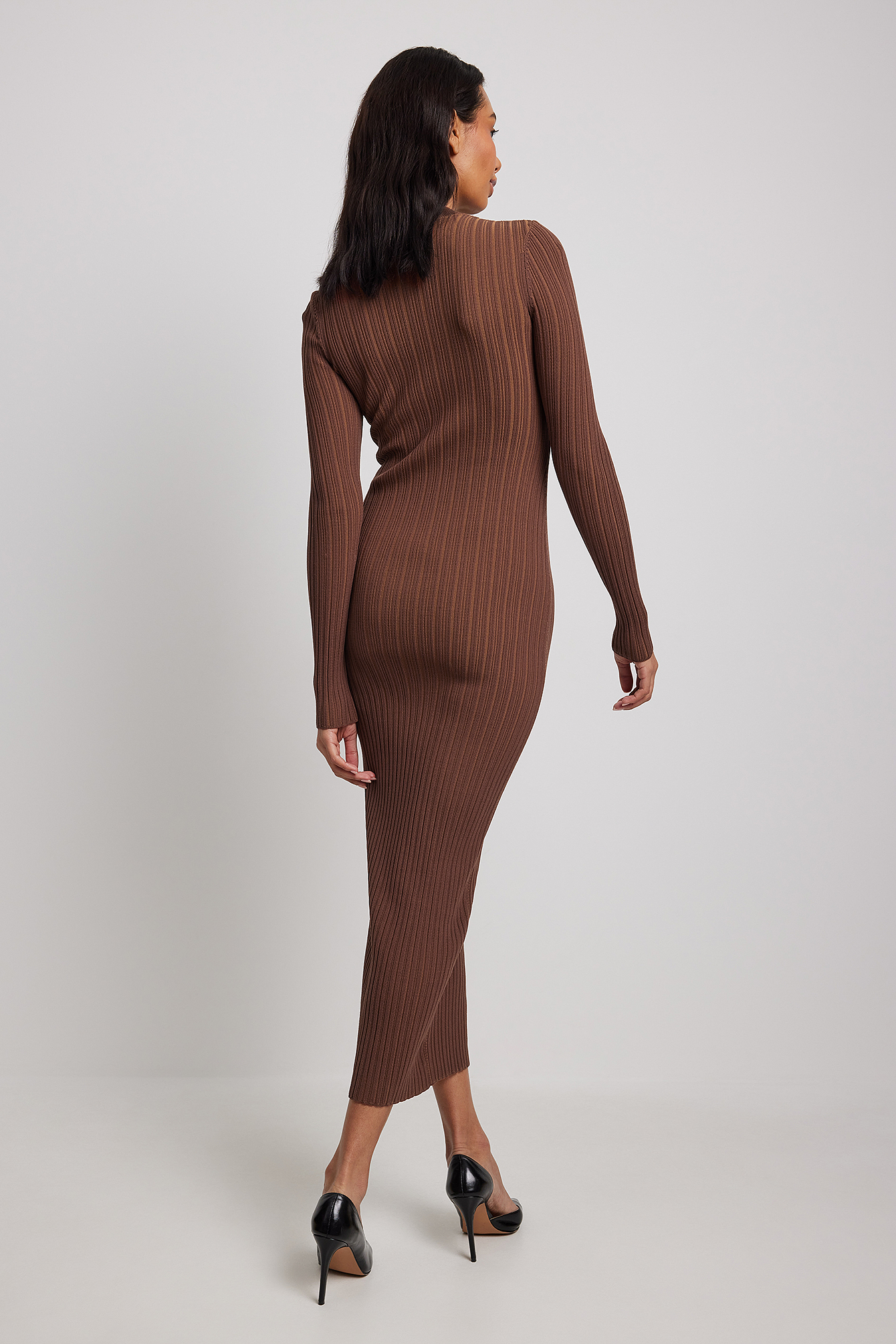 Two Color Rib Knitted Turtle Neck Dress Brown | NA-KD