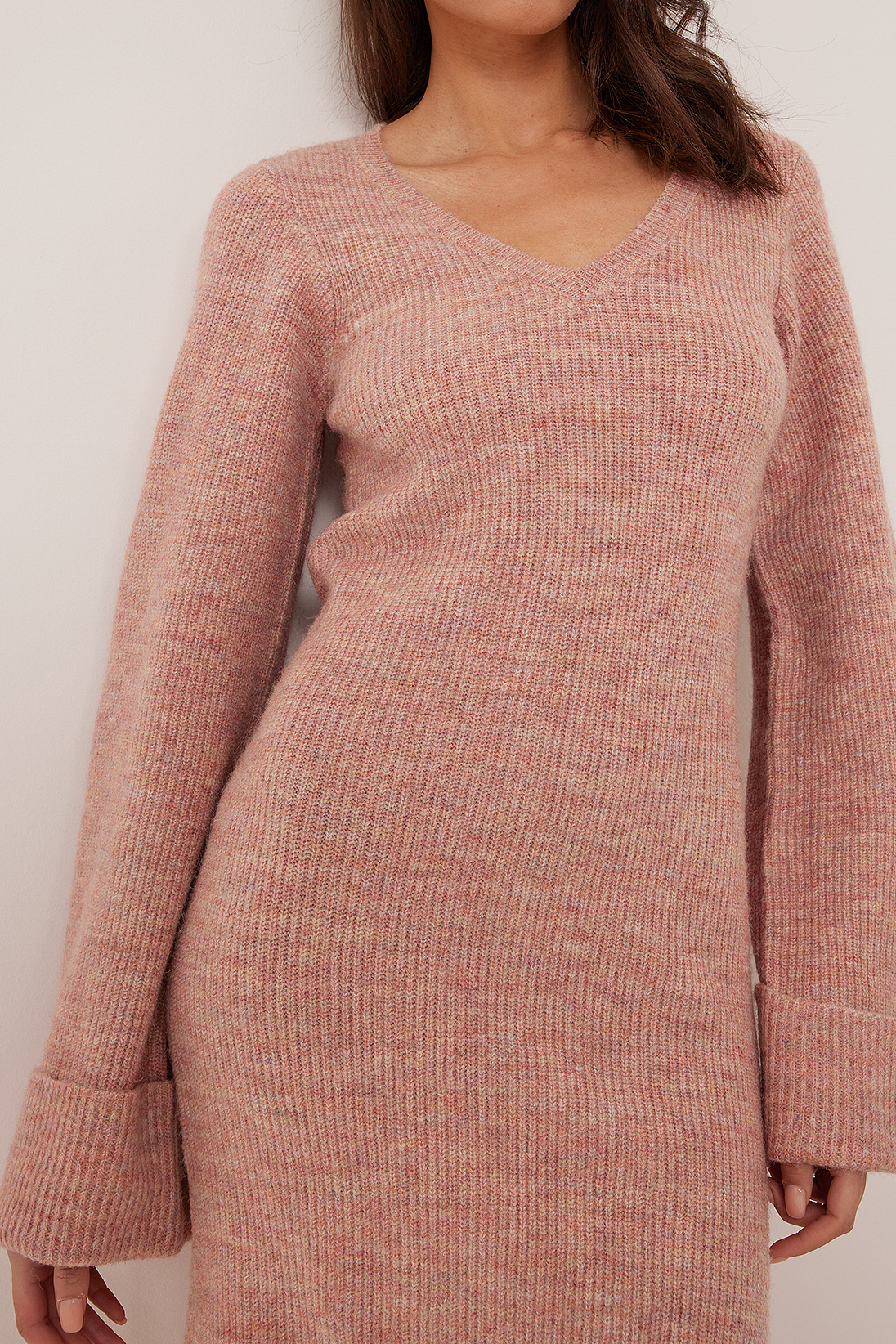 V Neck Knitted Midi Dress Pink Na