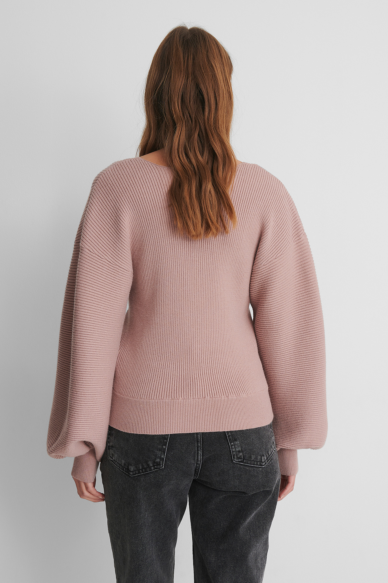 V Neck Big Sleeve Knitted Sweater Pink Na