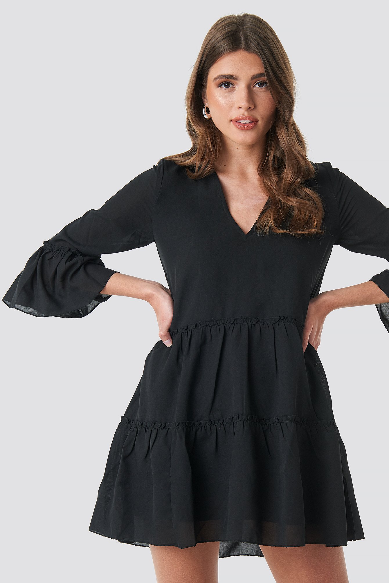 black v neck ruffle dress