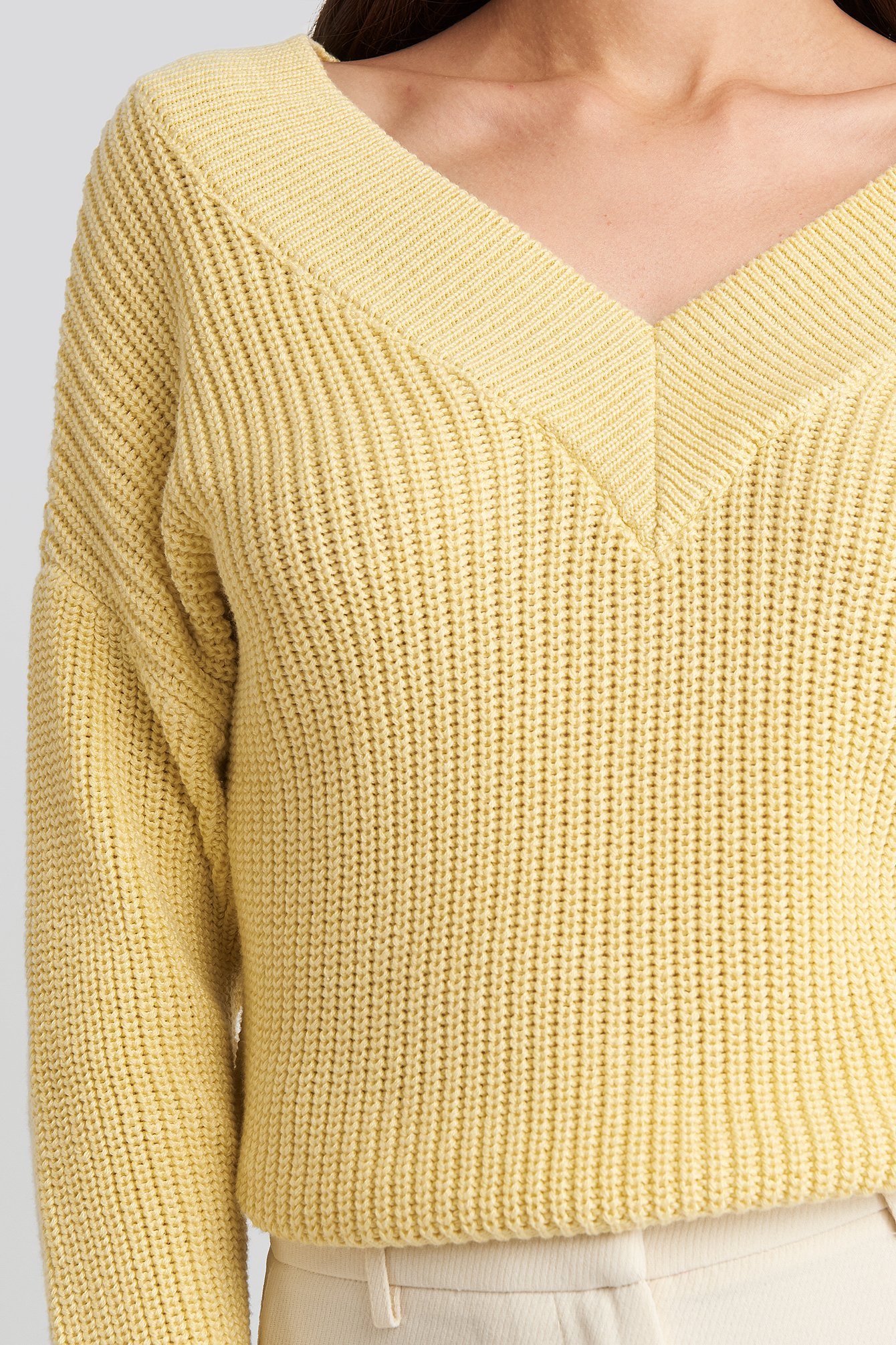 V Neck Wide Rib Knitted Sweater Yellow Na 3171