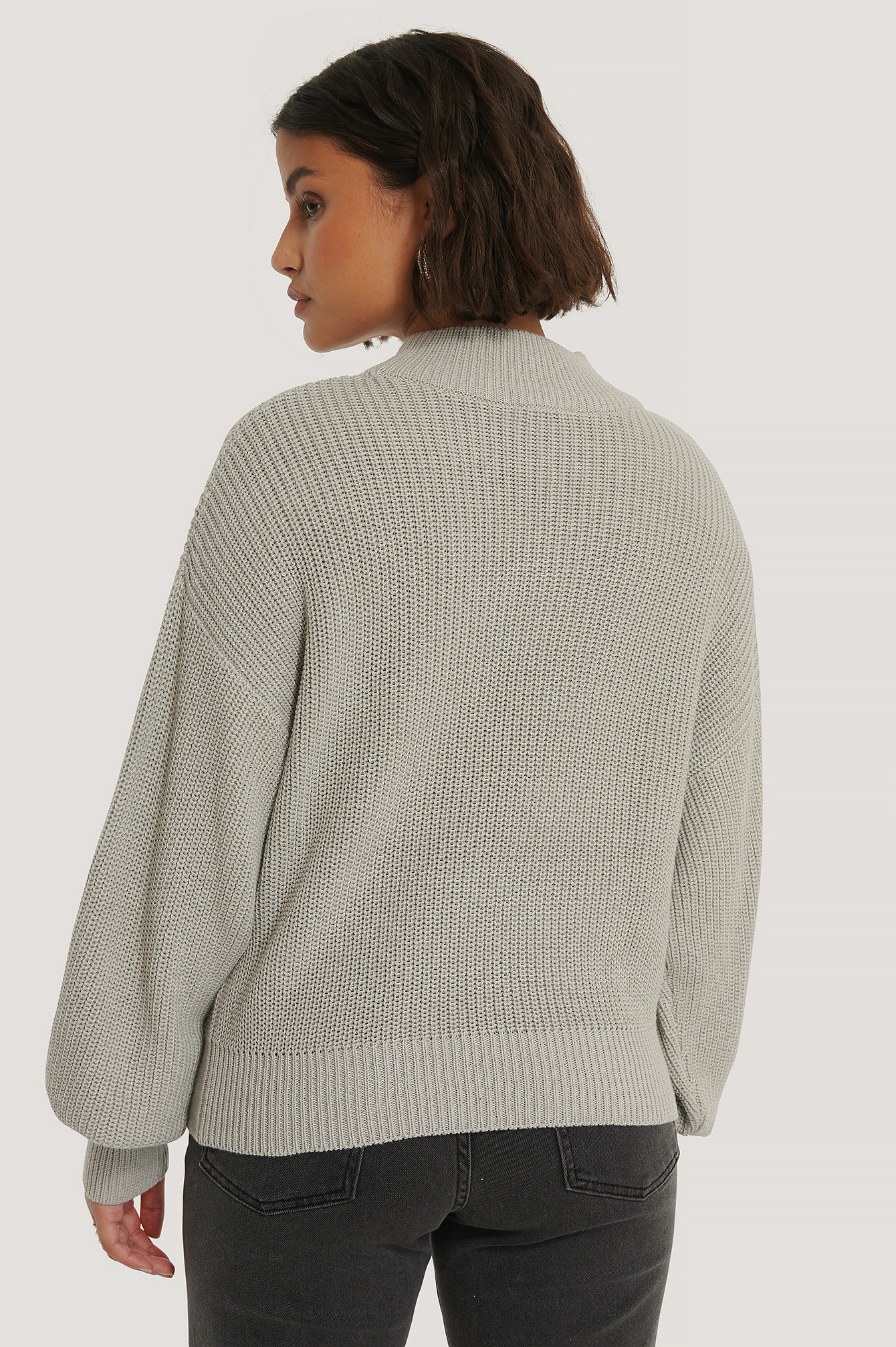 Organic Volume Sleeve High Neck Knitted Sweater Grey Na 8915