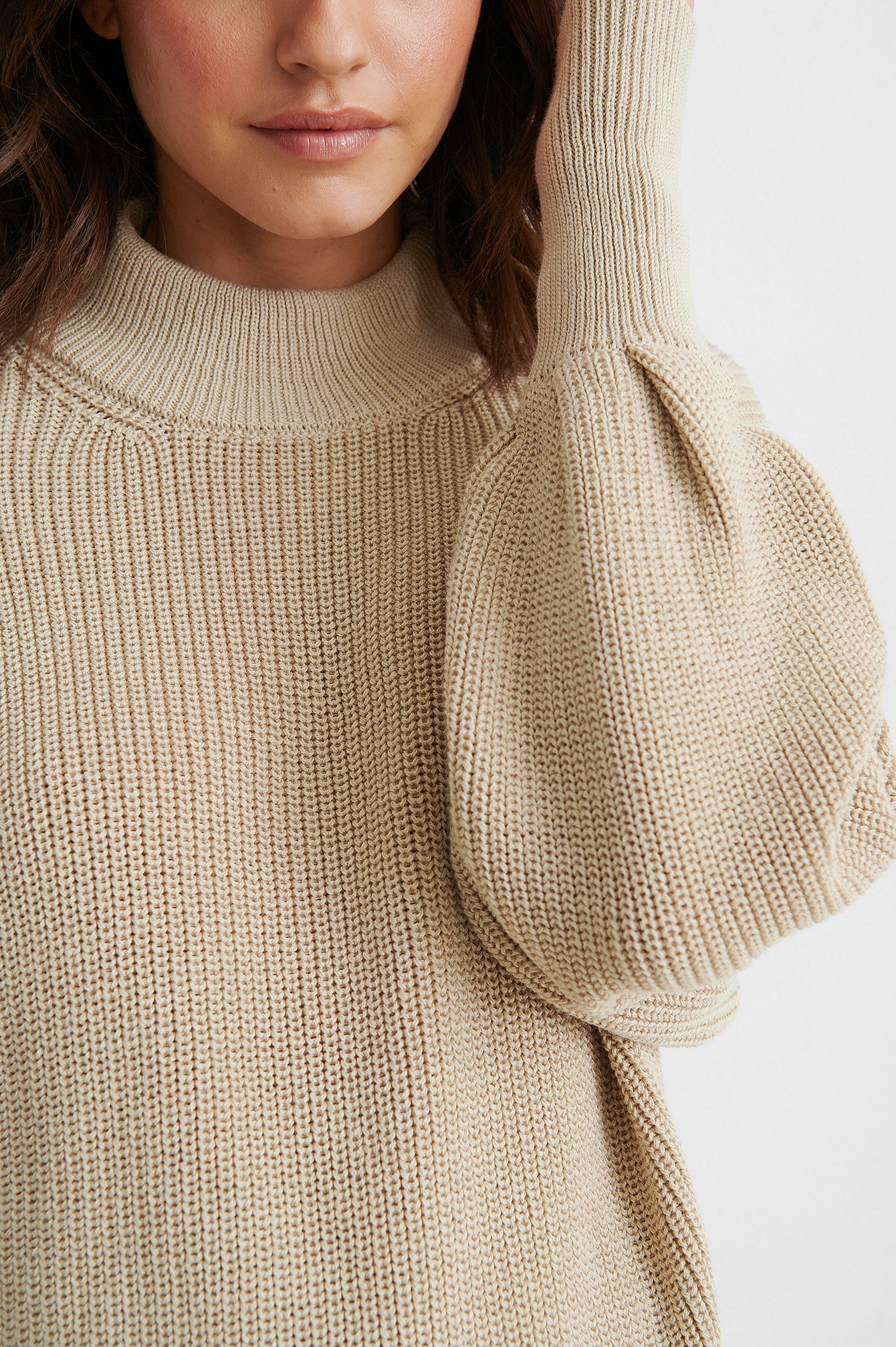 Volume Sleeve High Neck Knitted Sweater Beige Na 6187