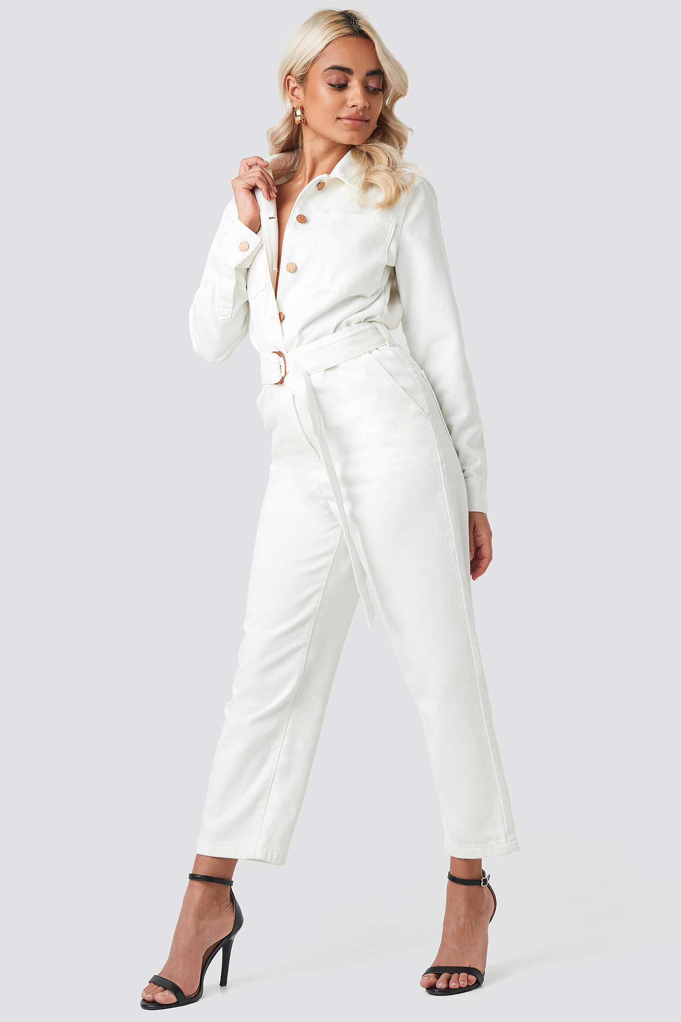 all white denim jumpsuit