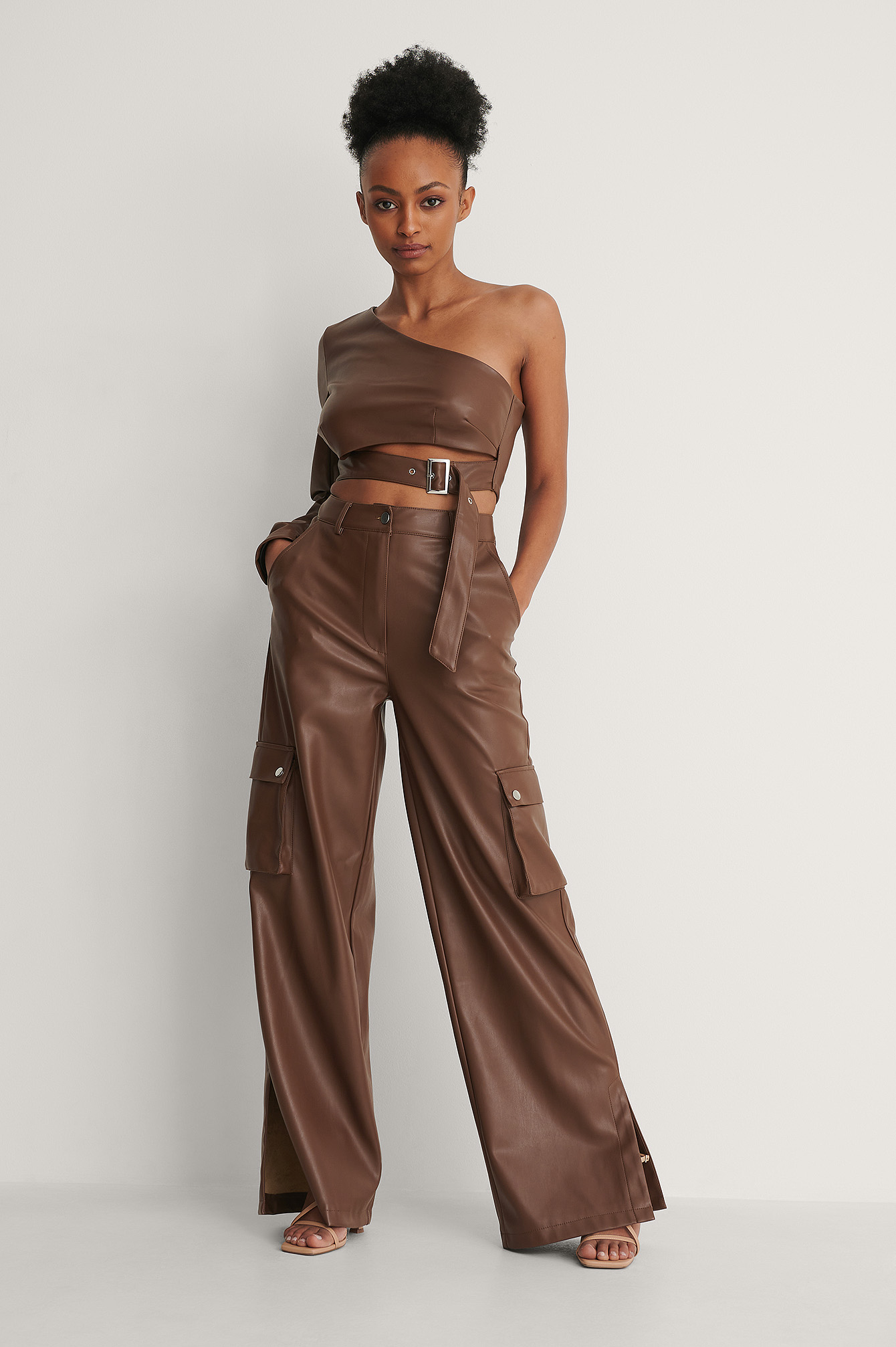 NA-KD faux leather low rise pants in brown