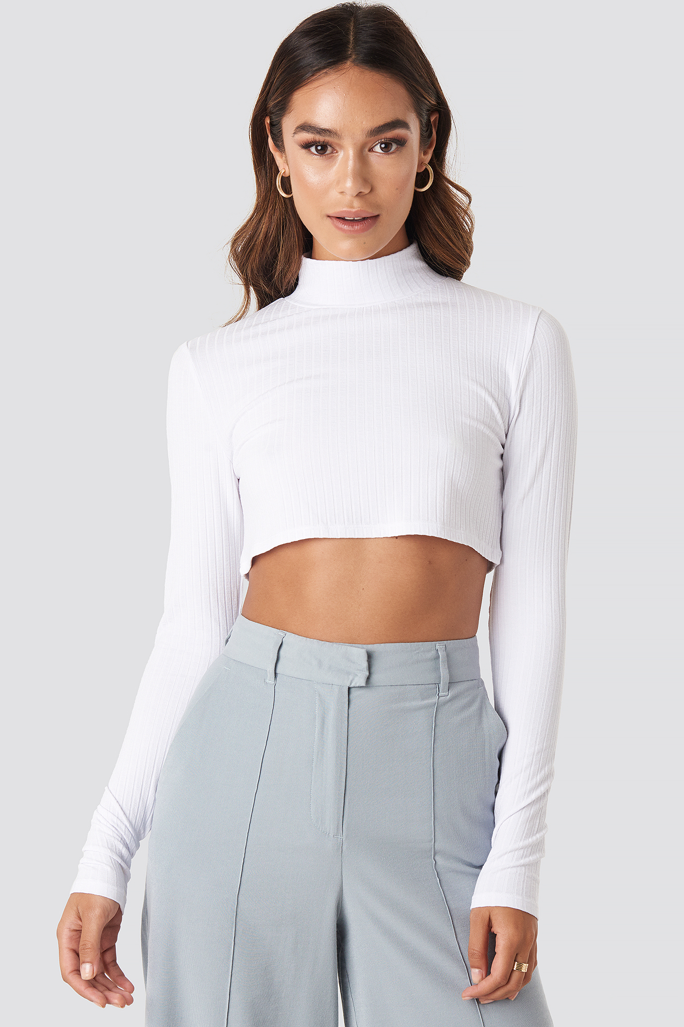 Wide Rib Polo Neck Long Sleeve Cropped Top White Na Kd