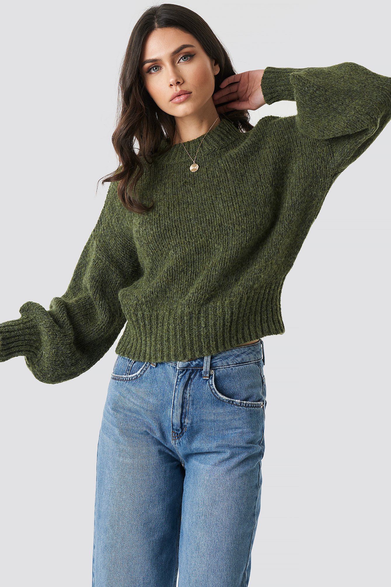 Wide Rib Short Knitted Sweater Green Na