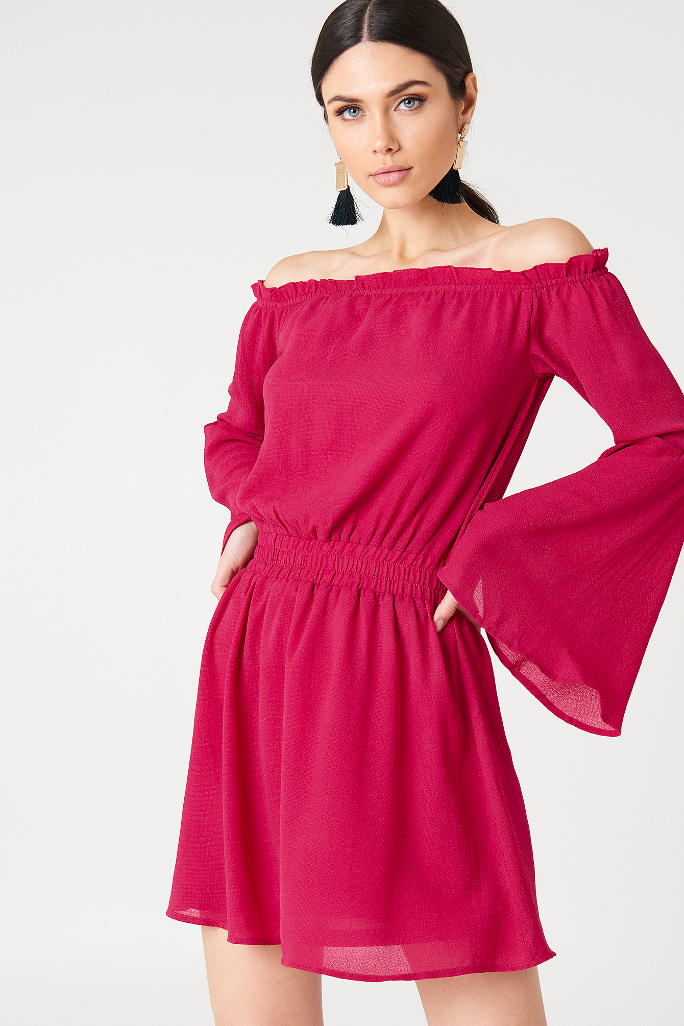 Wide Sleeve Off Shoulder Dress Pink | NA-KD