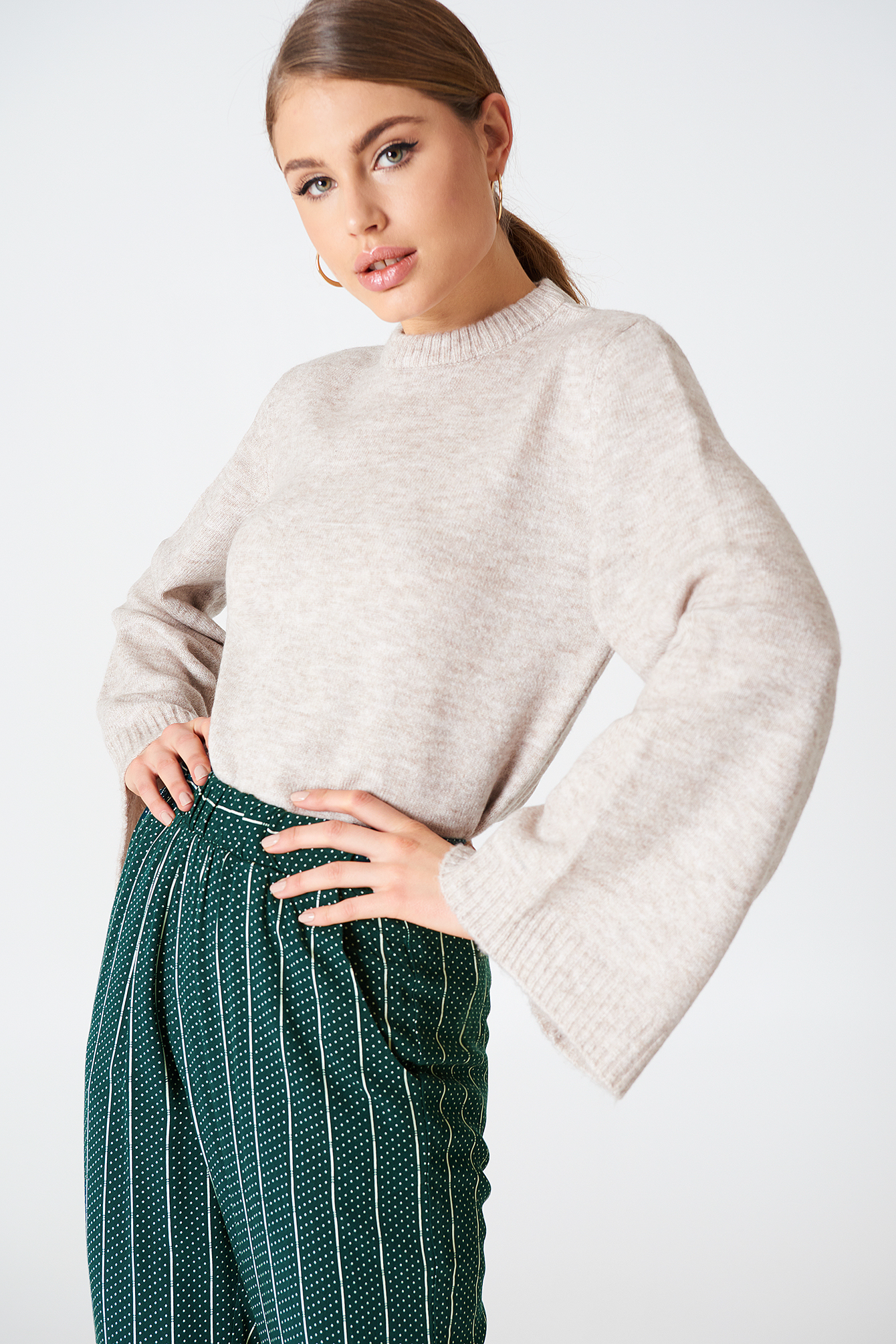 Wide Sleeve Round Neck Sweater Beige | na-kd.com