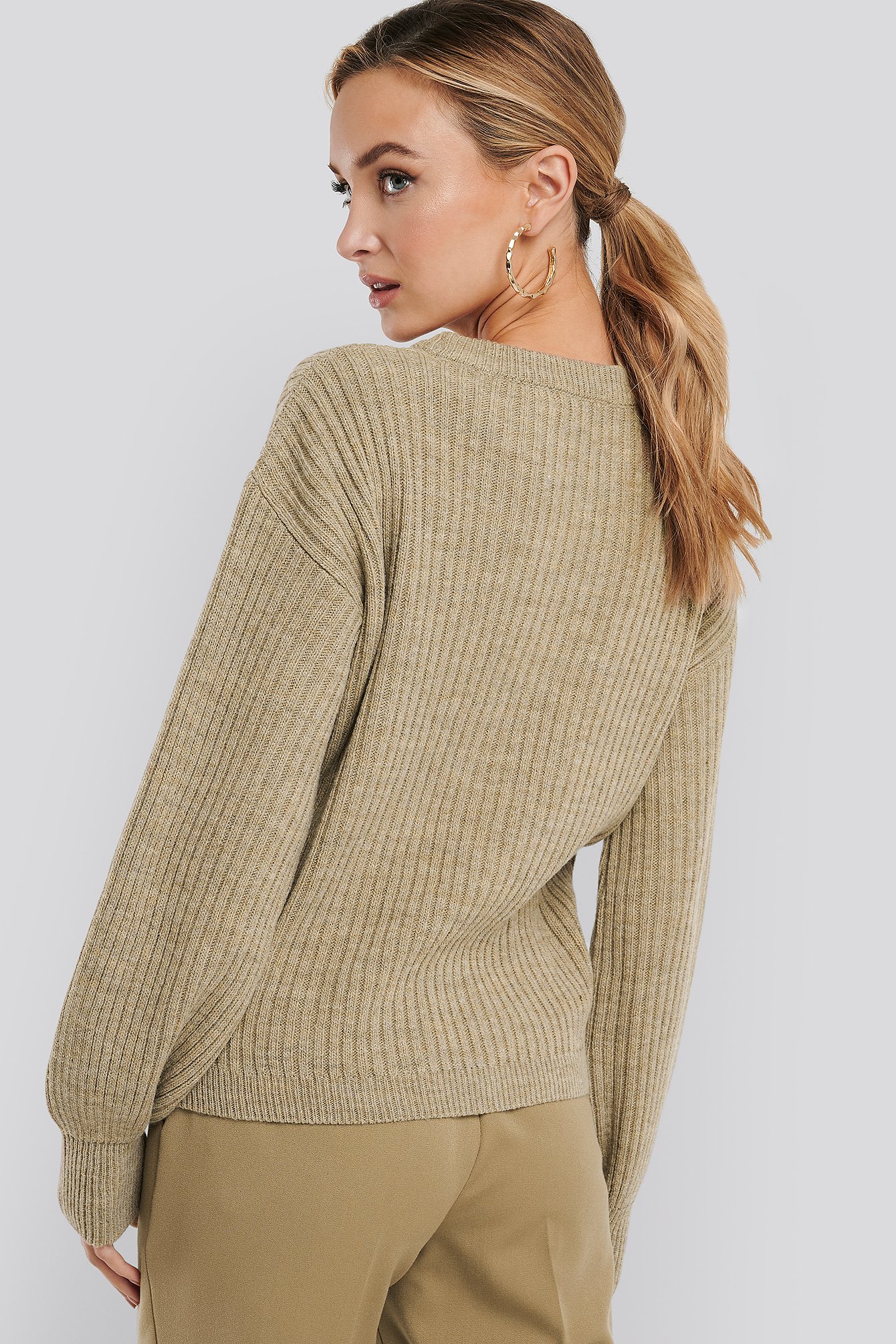 Wool Blend Ribbed Knitted Sweater Beige Na