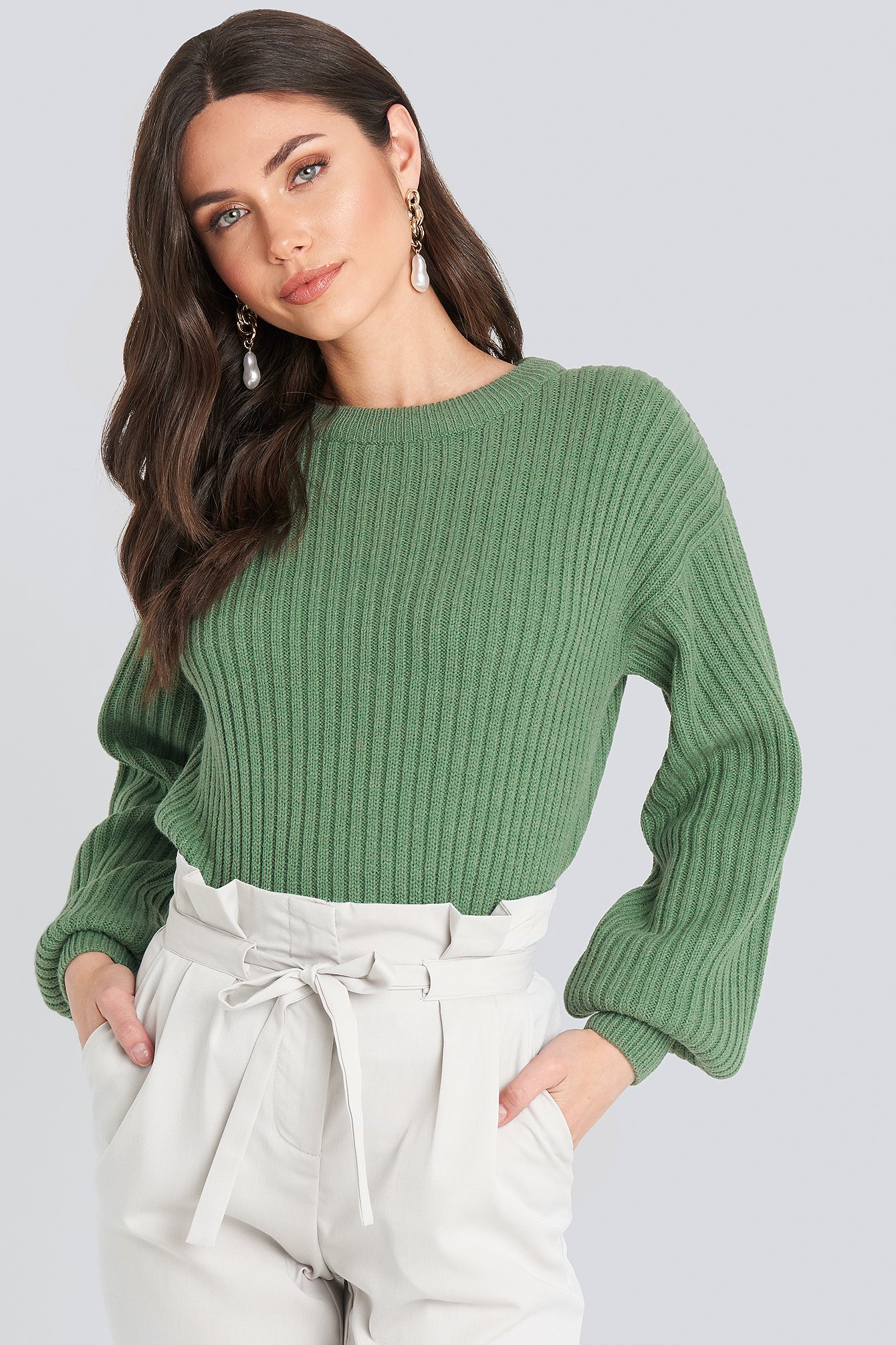 Wool Blend Ribbed Knitted Sweater Green | NA-KD