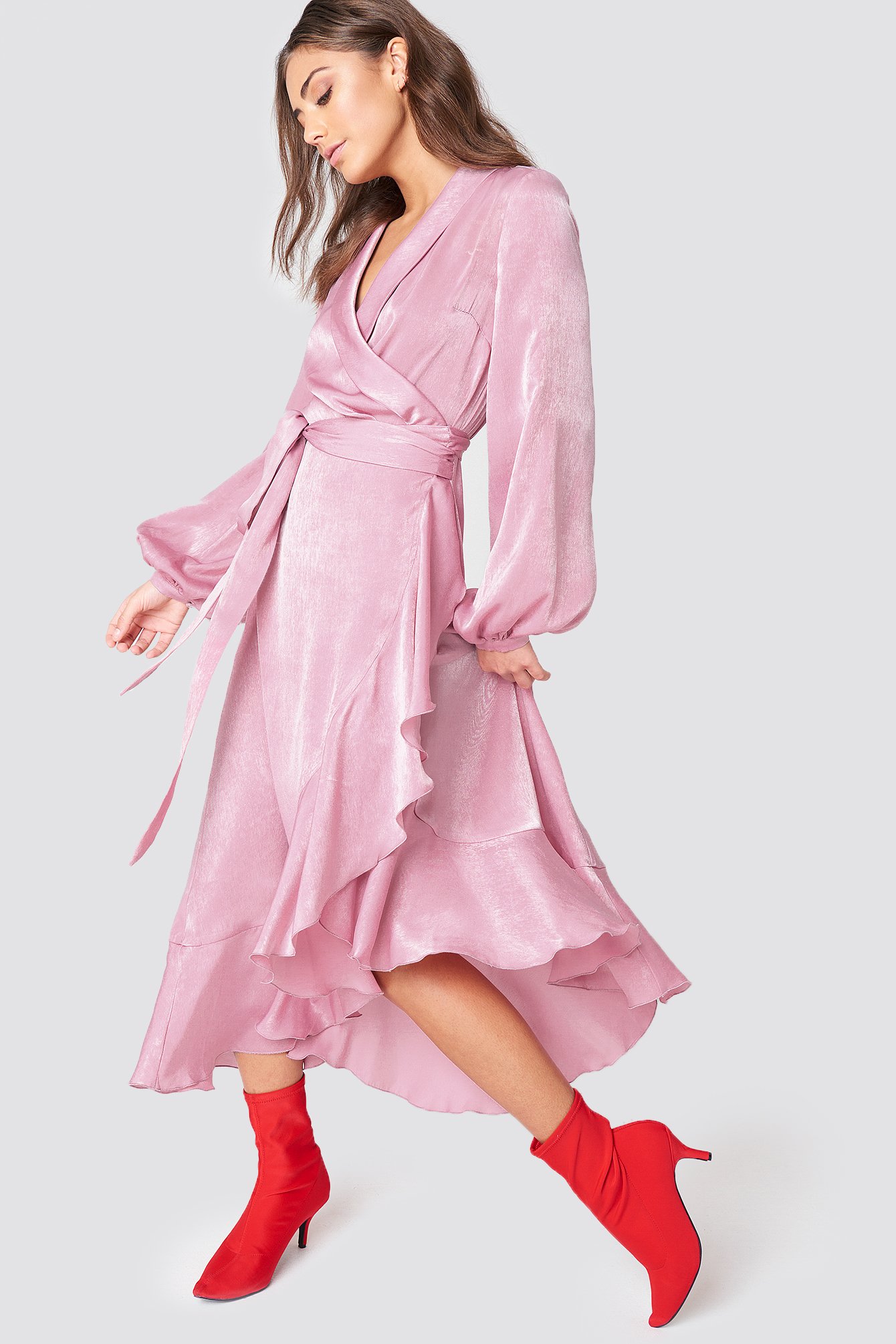 Wrap Over Satin Frill Dress Dusty Pink | na-kd.com - 1340 x 2010 jpeg 1186kB