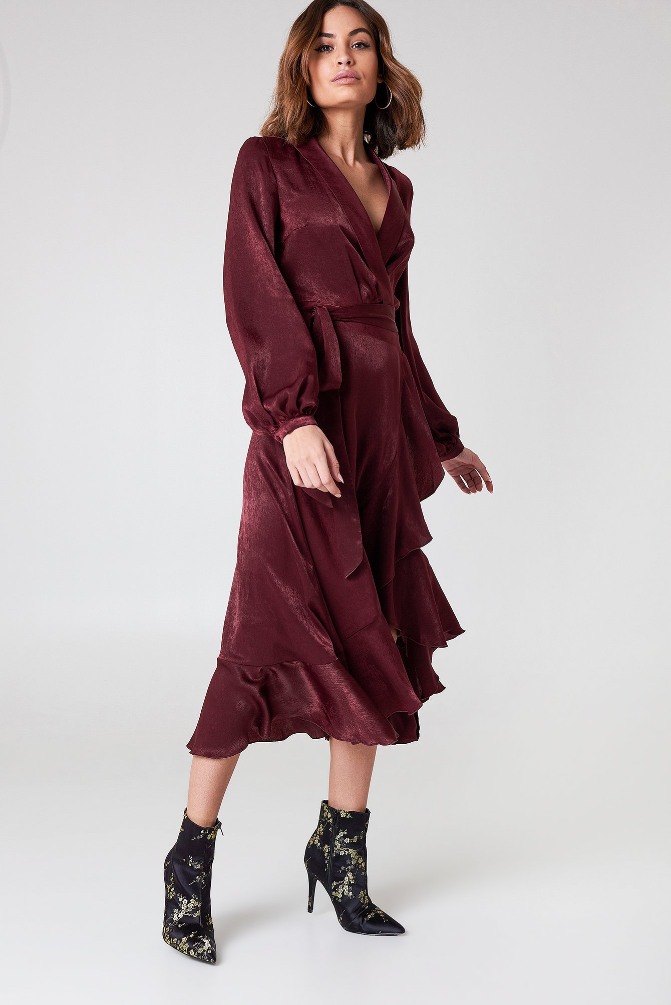 wrap over satin frill dress