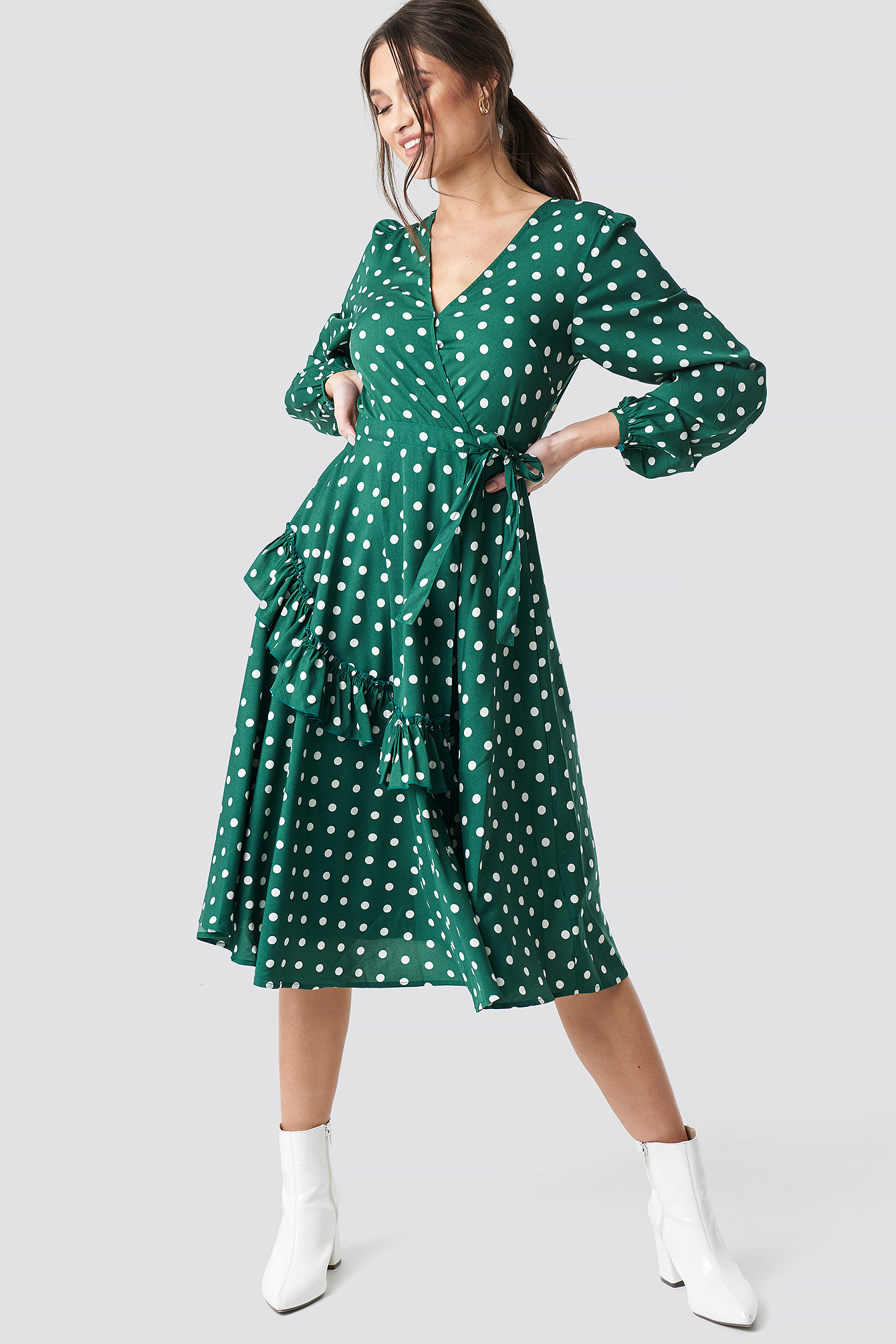 Wrapped Dot Midi Dress Green | NA-KD