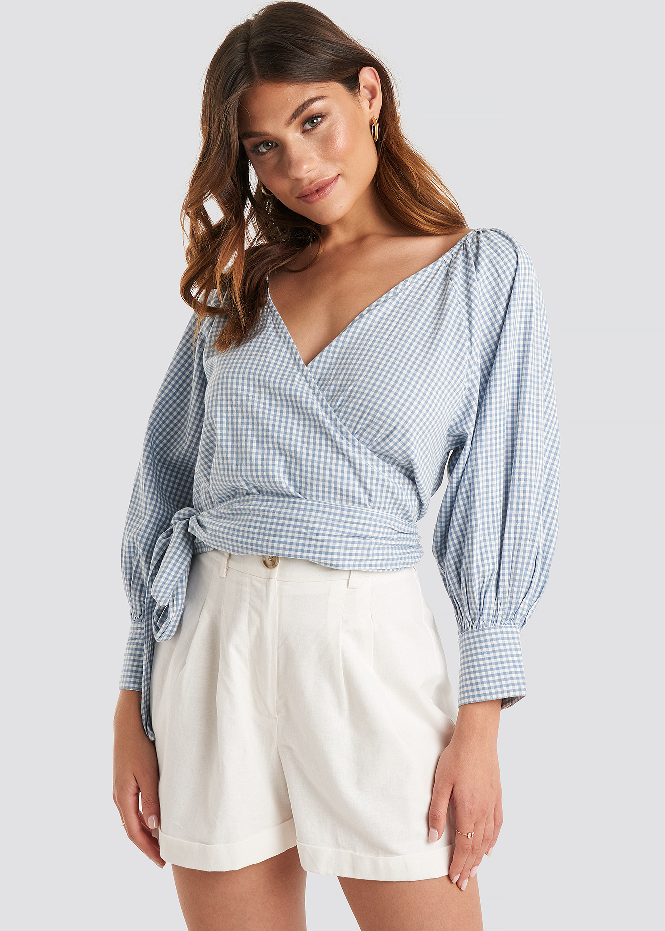 Wrapped Puff Sleeve Top Blue | NA-KD