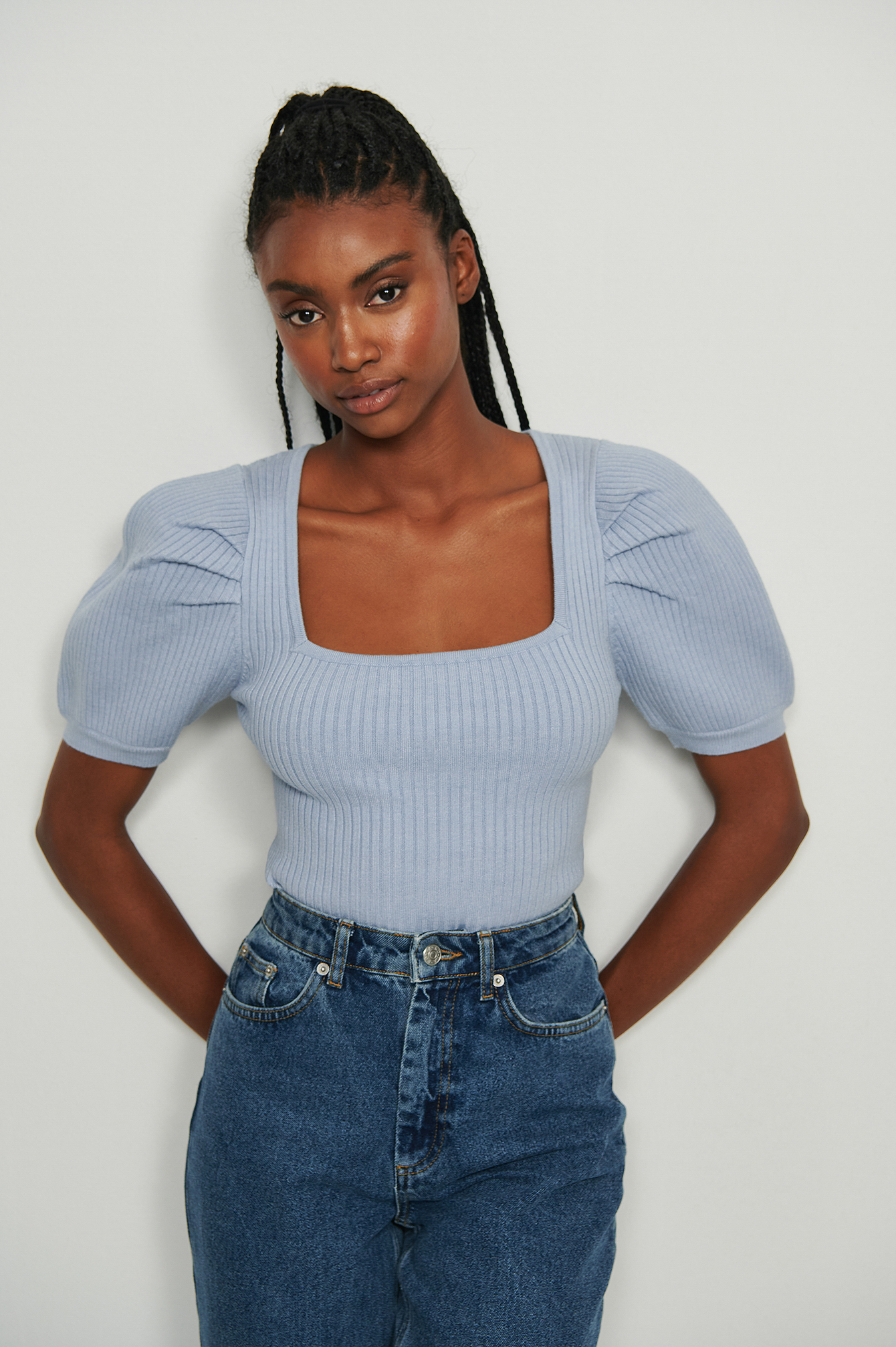 Puff Sleeve Ribbed Knitted Top Blue