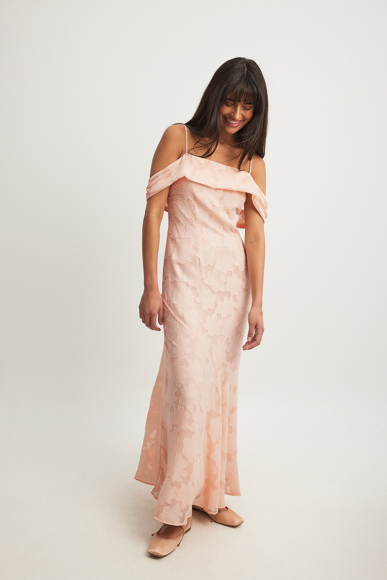 Off Shoulder Jacquard Maxi Dress Pink NA KD