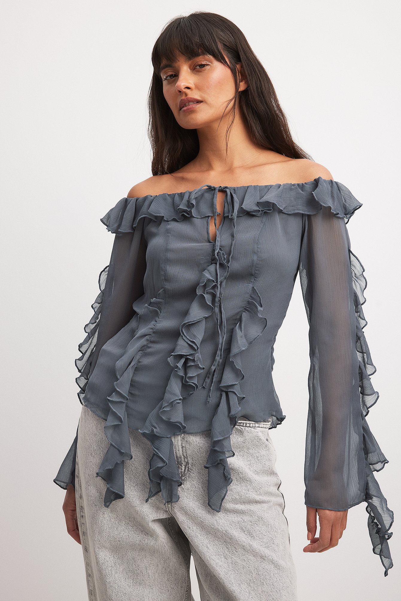 NA-KD Off Shoulder Ruffle Chiffon Blouse - Festival Outfits - Grey - EU 34 - NA-KD / NAKD