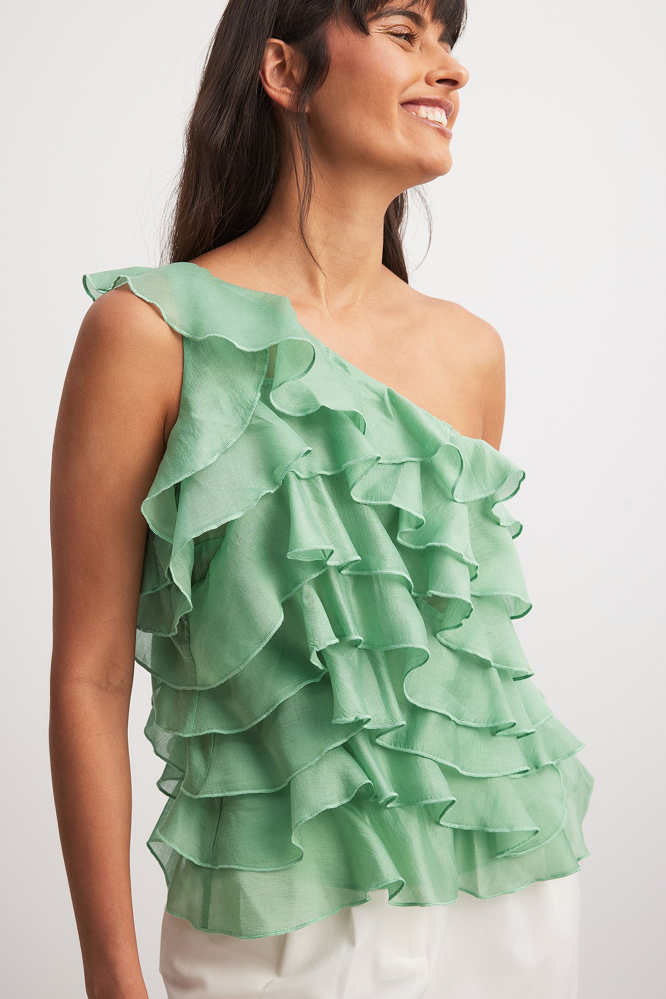 One Shoulder Ruffled Top Green | NA-KD