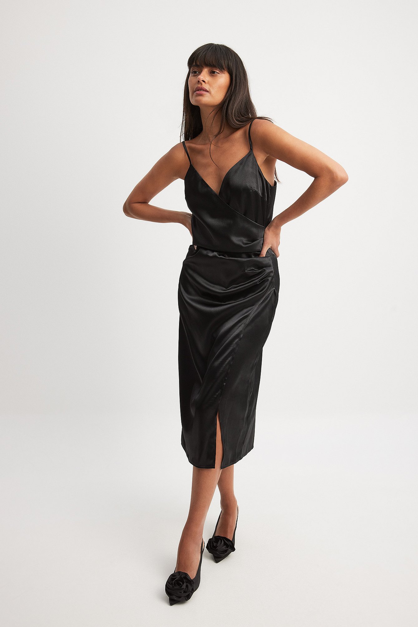 Overlap Satin Slip Dress Black Na Kd