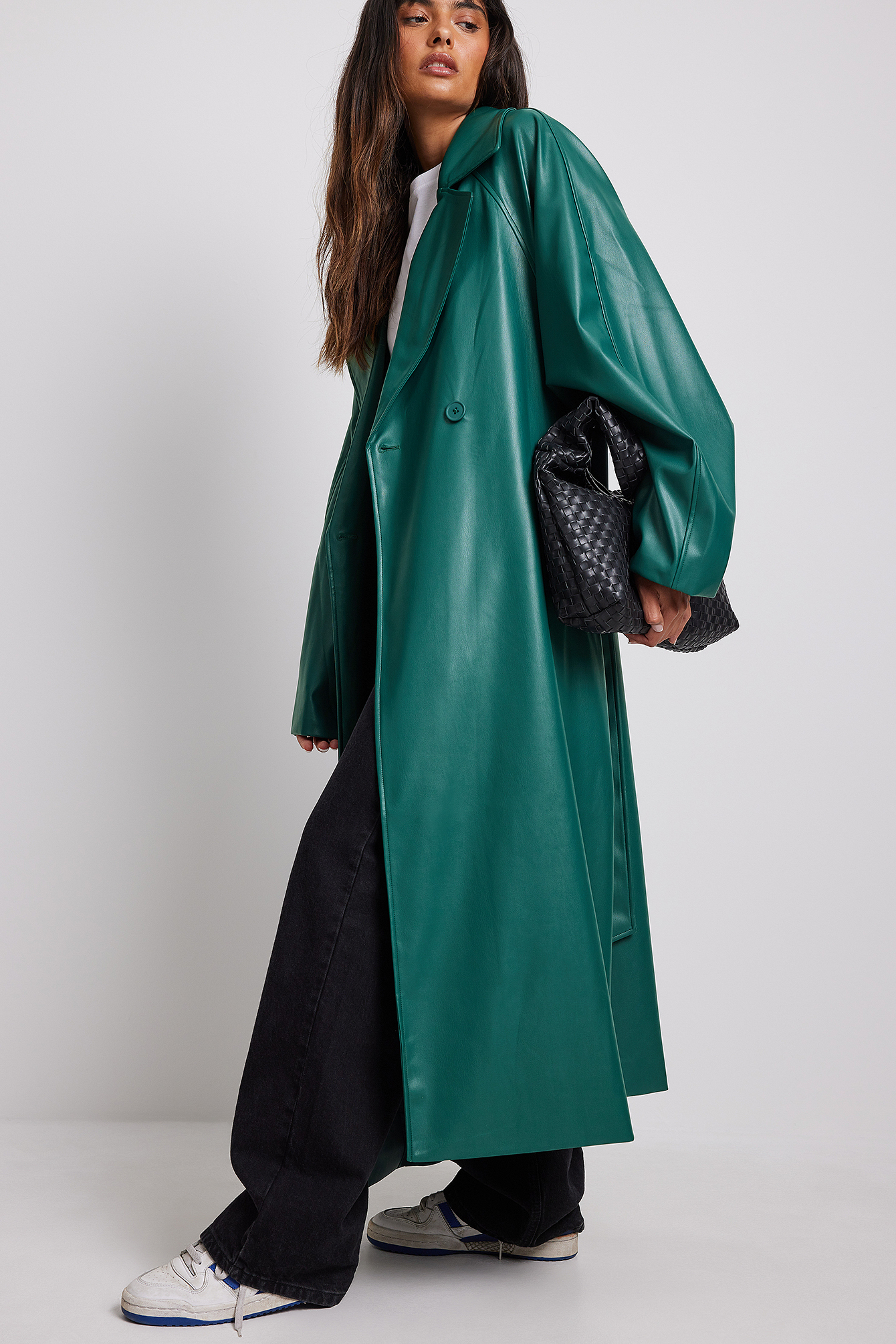 Oversized PU Trench Coat Green | na-kd.com