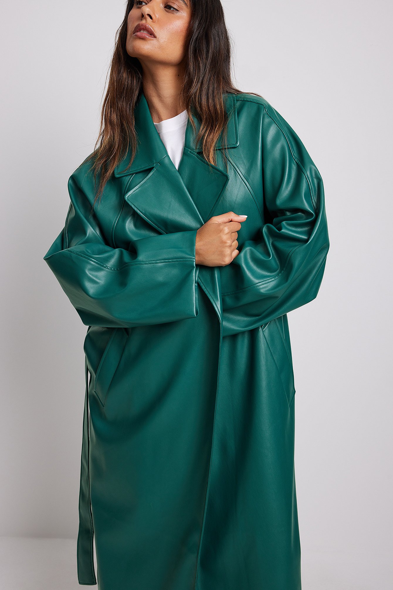 Oversized PU Trench Coat Green | na-kd.com