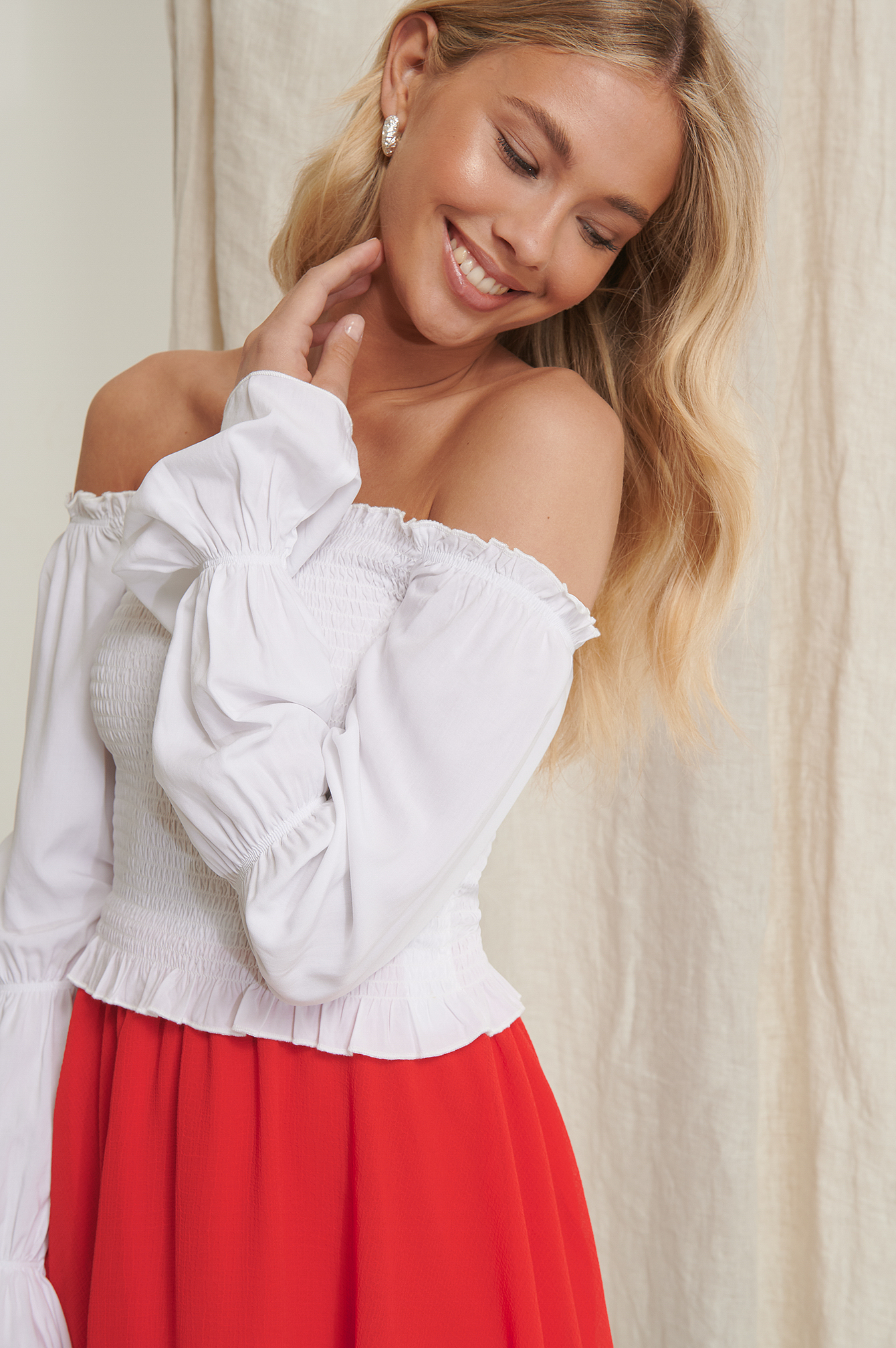 Puffy Sleeve Smocked Top White Na