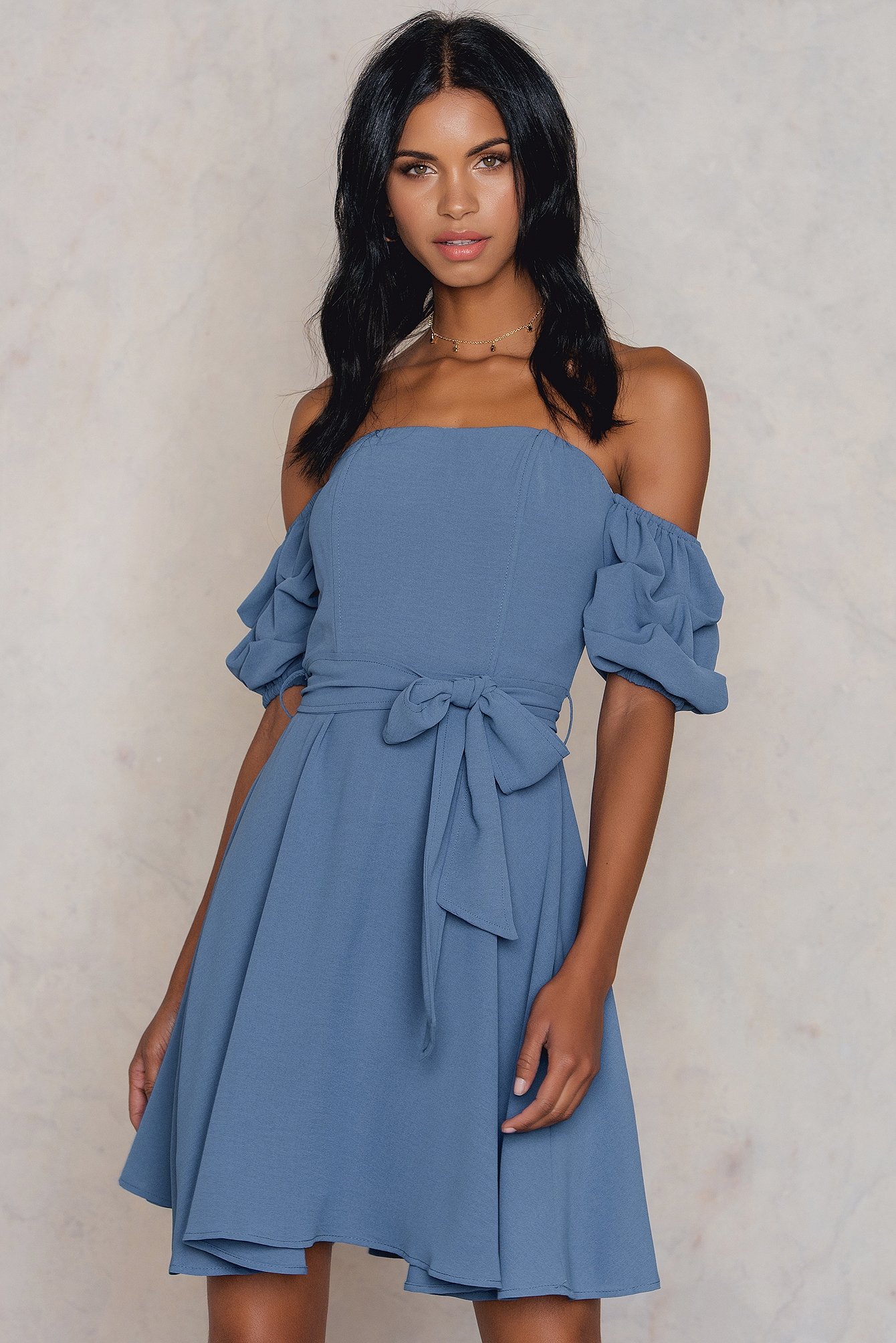 blue off the shoulder dress