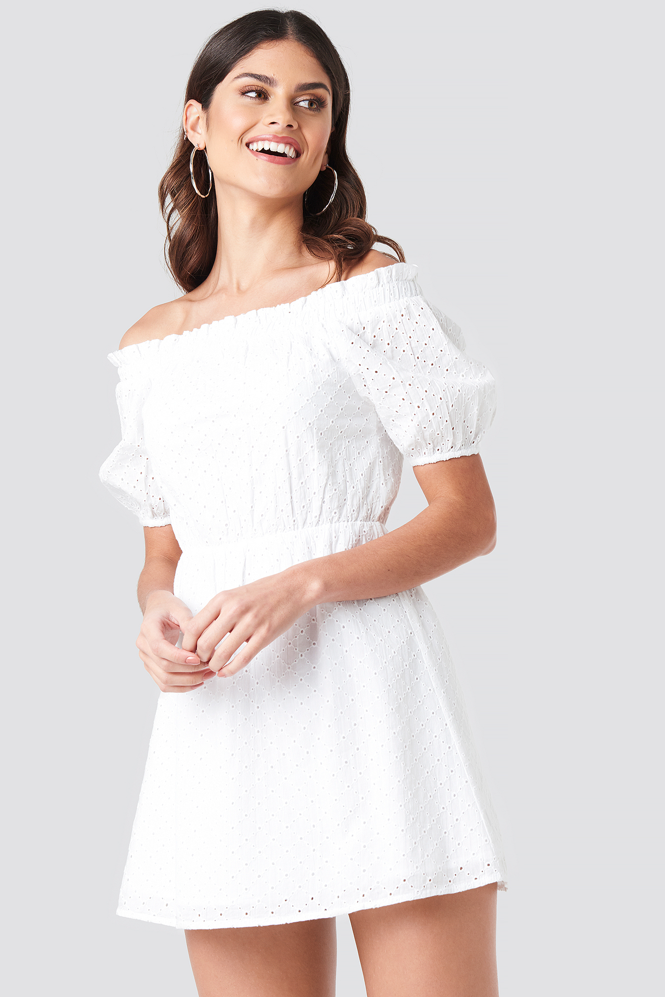 off the shoulder dress with puffy sleeves
