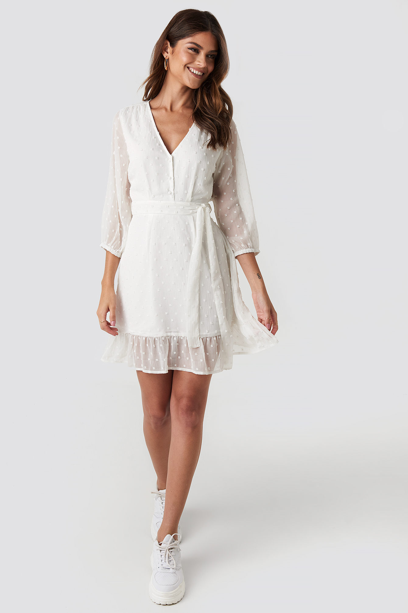 Balloon Sleeve Tied Waist Dress White | na-kd.com