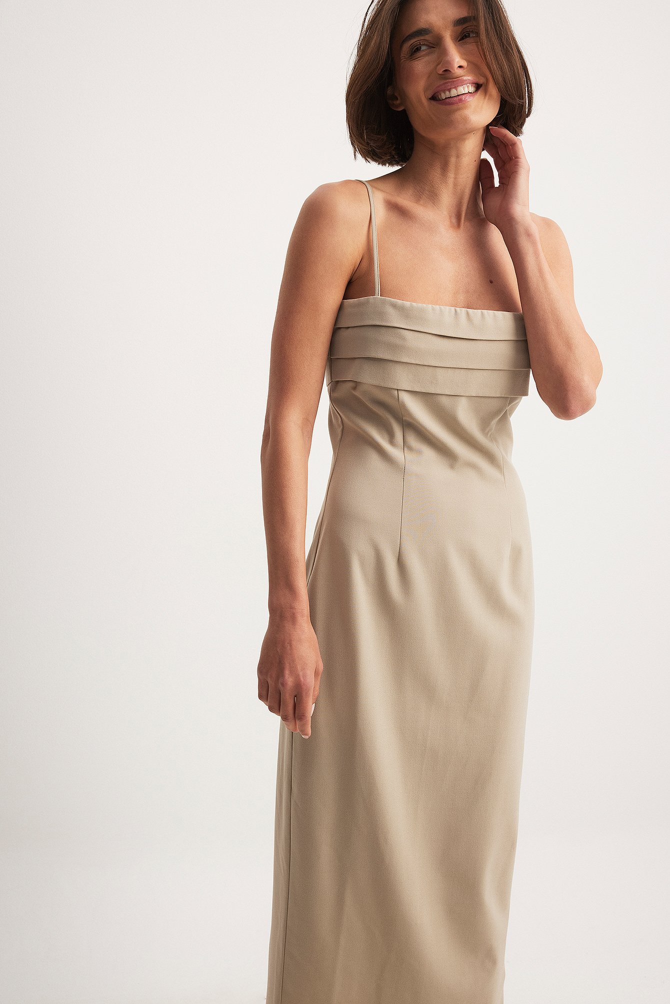 Pleat Deatil Chest Maxi Dress - Beige